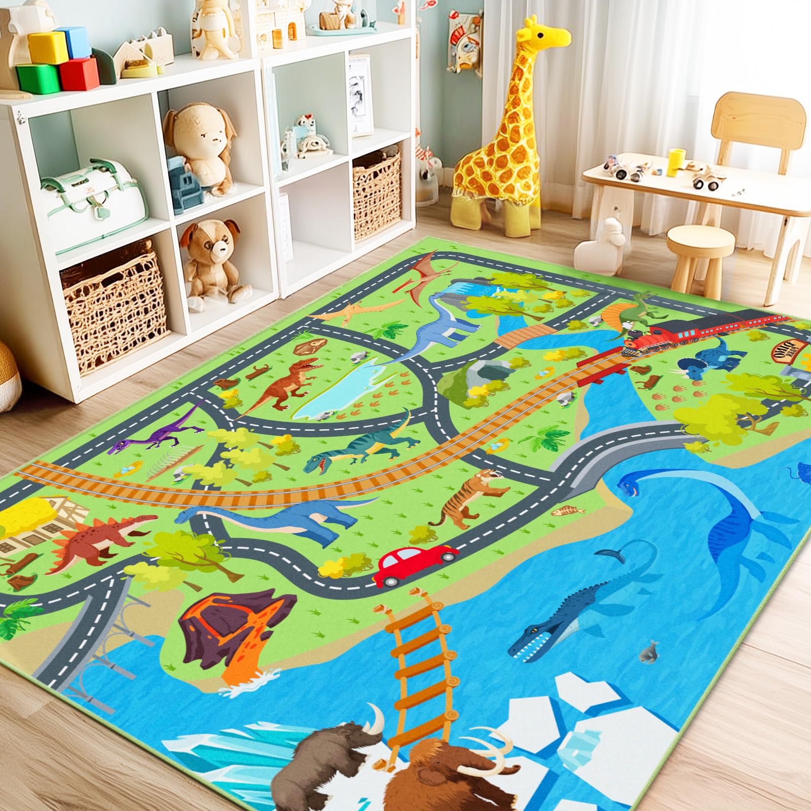 Rezutan Kids Rug Dinosaur Playmat for Floor Non-Slip & Foldable Area Rug for Children Dino Road Mat for Toy Cars Washable Kid Play Mat for Bedroom, Playroom, Nursery, 160x230CM