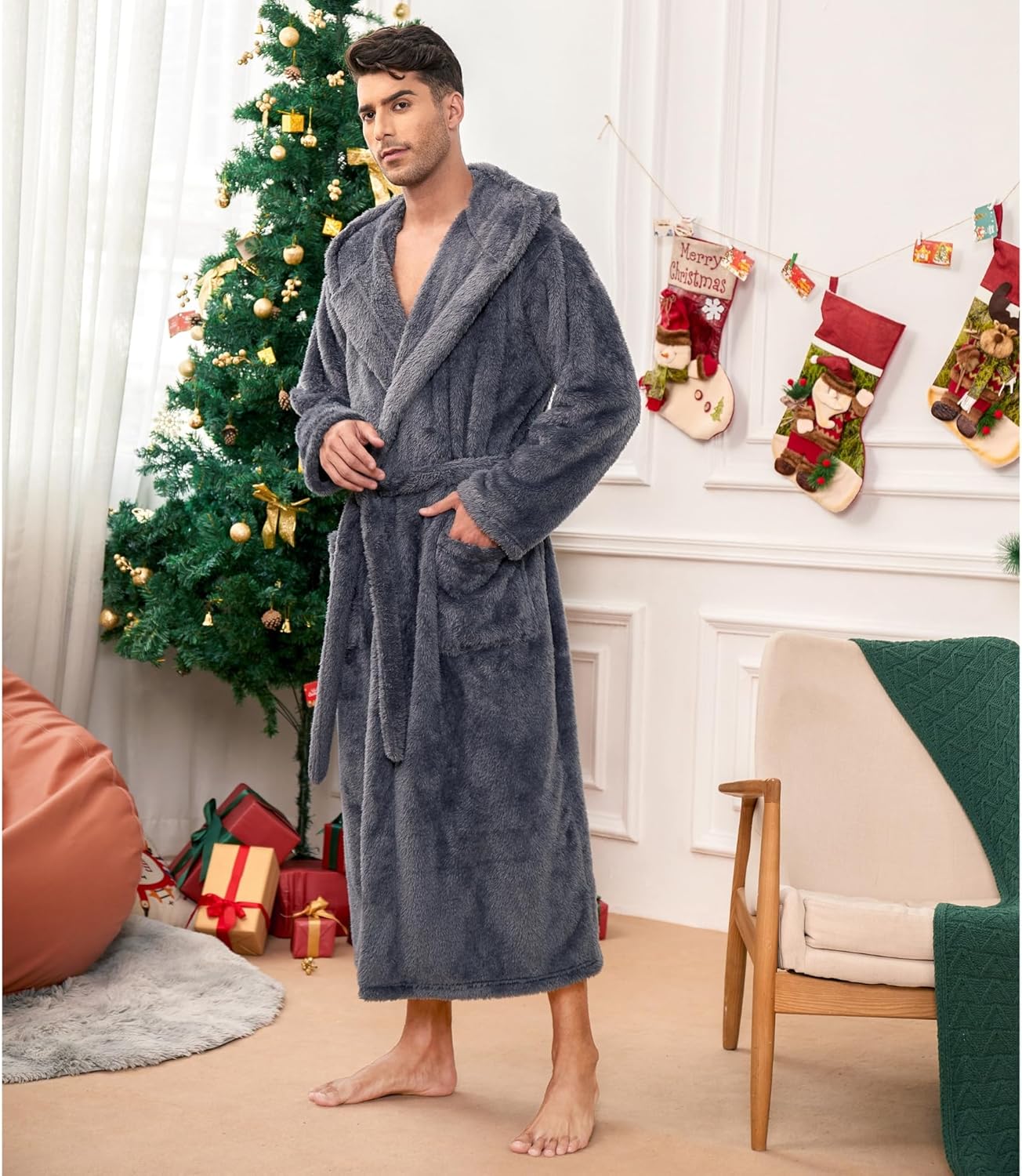 Vulcanodon Mens Robe Big and Tall with Hood, Full Length Plush Robe for Men Long Fleece Bathrobe - Image 2