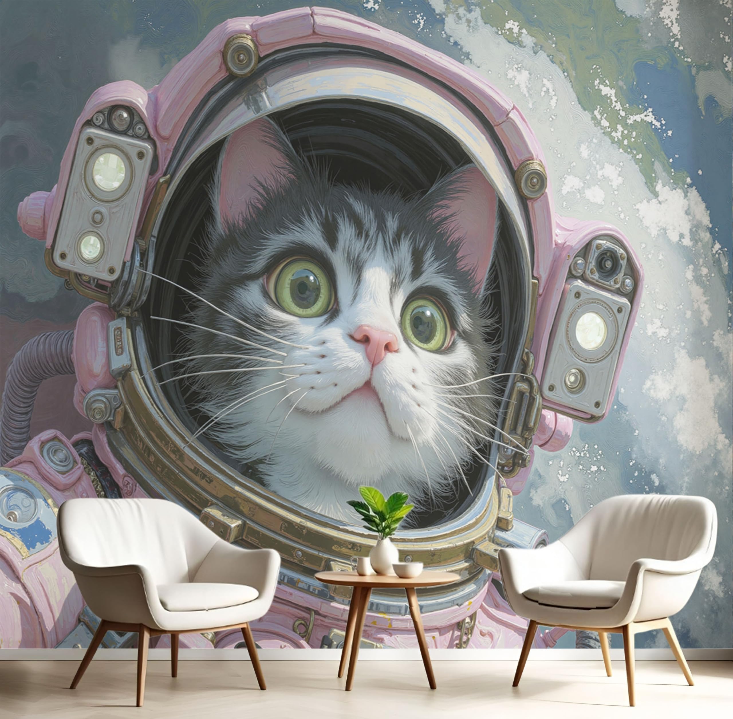 Papier peint soie chat spatial rose, décoration murale panoramique luxueuse