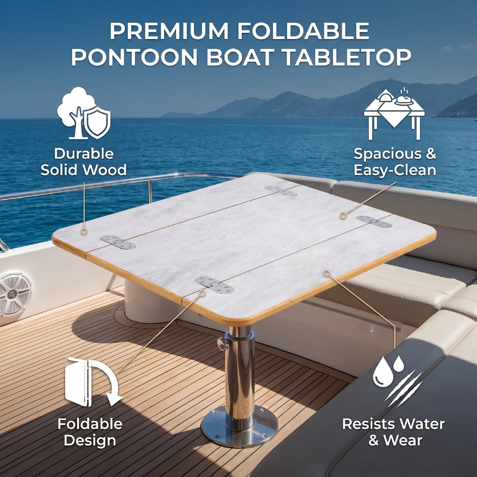 Tavolo per Barca, Tavolo Marino Pieghevole in Legno Massello, Rettangolare Resistente all'Acqua e Resistente all'Usura, Fori di Montaggio Preforati, per Pontoon RV Yacht