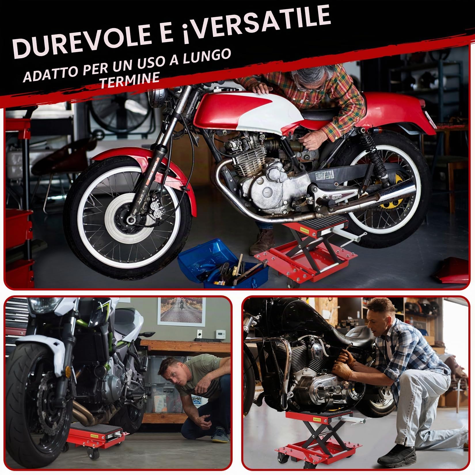 Cric Idraulico a Forbice per Moto 1200 lbs – Sollevatore Professionale con Piattaforma Larga – Ruote e Carrello – per Moto Cross, ATV, Cruiser – Chiave a cricchetto – Tappetino in Gomma –