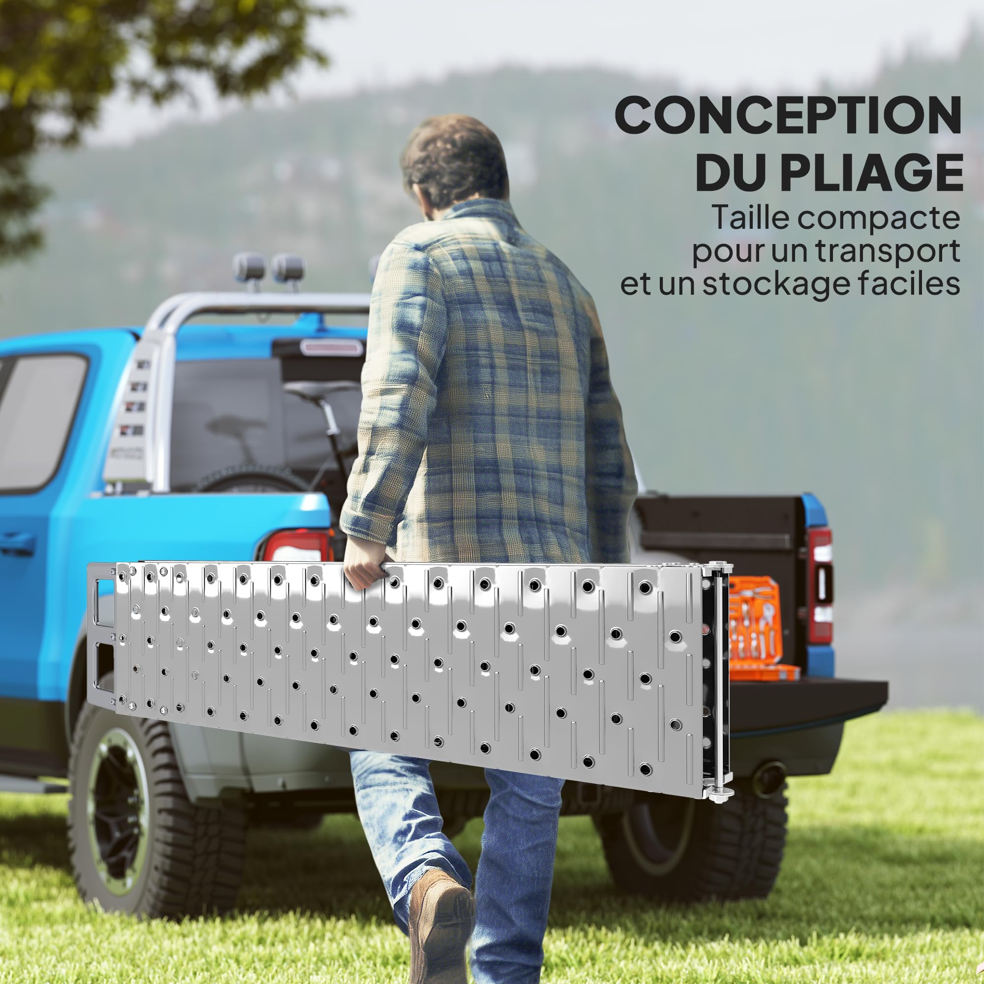 HOMCOM Rampe de Chargement Pliable 230 kg, Rampe d'accès Motos antidérapante en Acier INOX. avec Sangles de sécurité, Plateforme de Chargement pour Motos, vélos et VTT, 190 x 22 x 8 cm, Argent