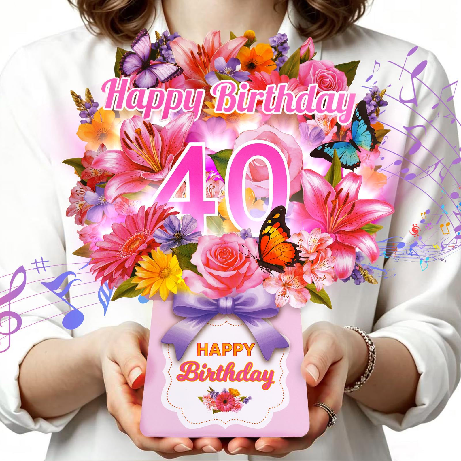 40th Birthday Cards for Women, 3D Pop-up Birthday Card w Music & Lights | 10 Inch Forever Lily Bouquet Pop-up Card, Happy Birthday Card Gifts for 40 Year Old Wife, Mum, Sister, Daughter,Niece