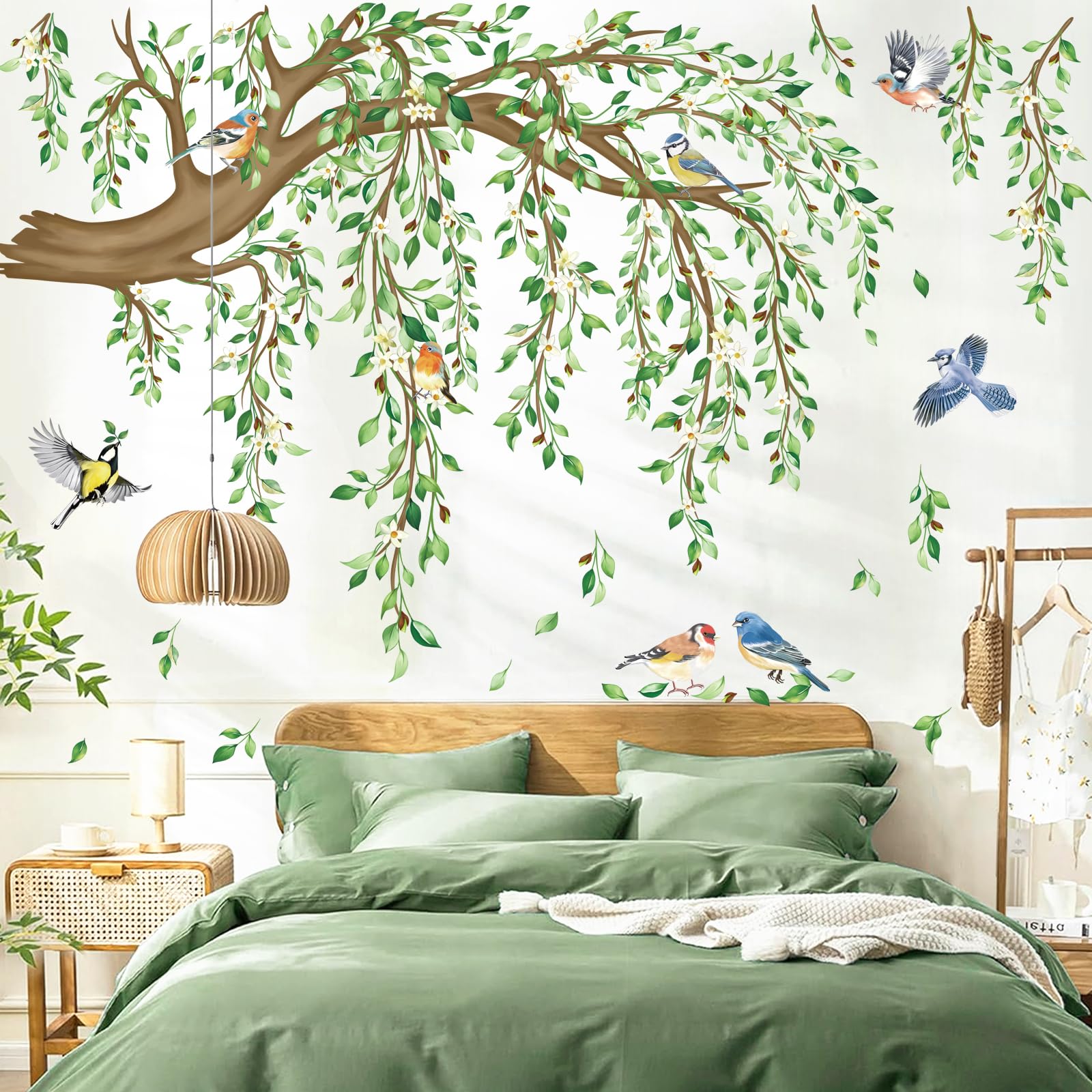 decalmile Large Hanging Vine Wall Decals Tree Branch Green Leaf Flower Birds Wall Stickers Living Room Tv Background Bedroom Wall Decor