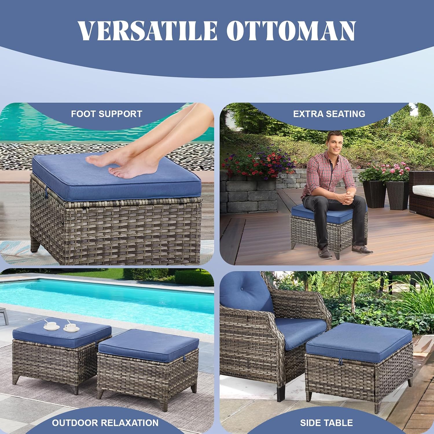 Patio Ottomans Set of 2 Wicker Ottomans PE Rattan Footrests Footstools with Water Resistant Cushions for Garden Balcony Sunroom Poolside, Grey Wicker|Blue Cushions, Ottomans(2PCS)