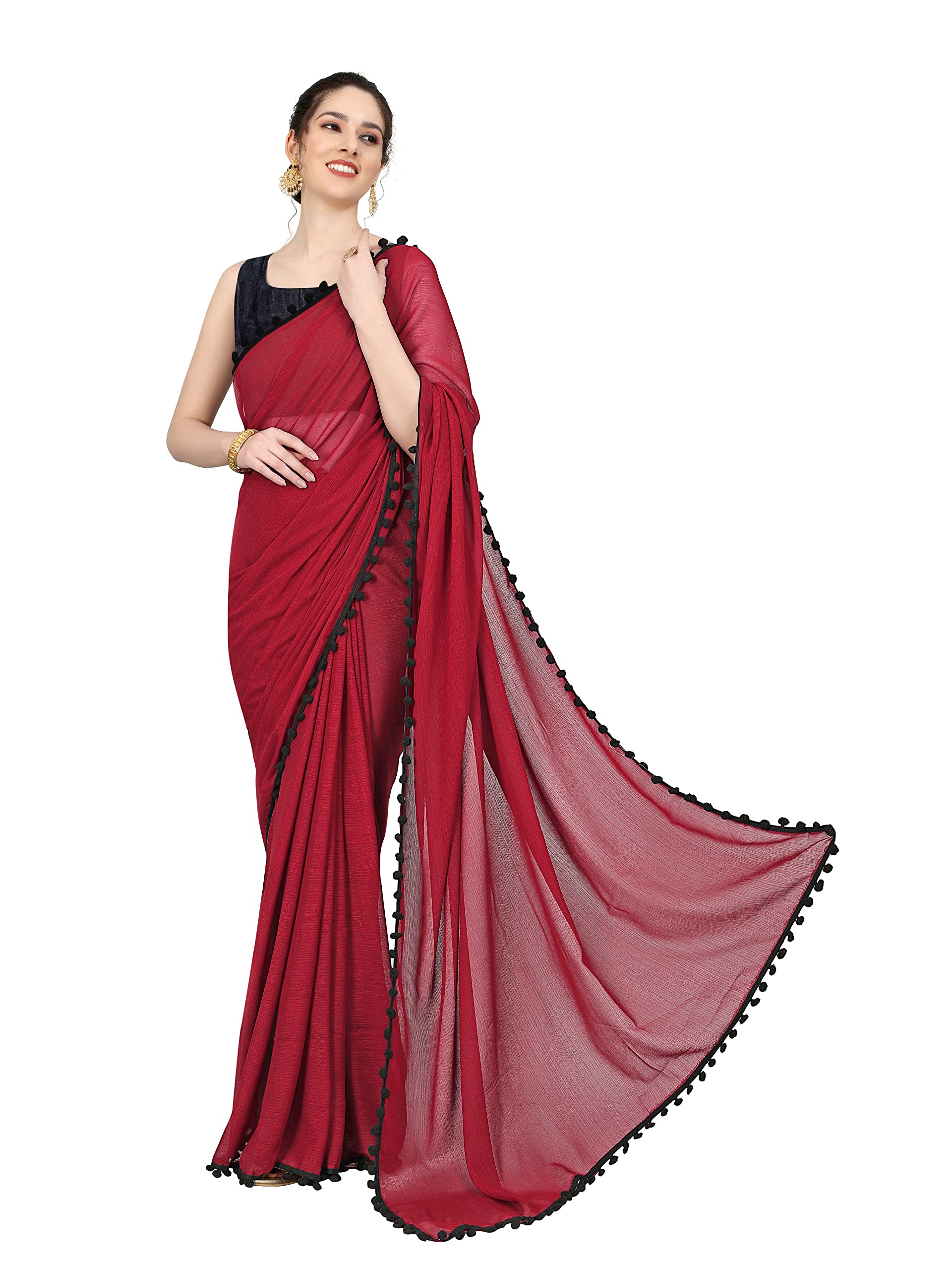stylescope Women's Zomato Silk Plain Pom Pom Lace Bordered Saree With Satin Banglori/Art Silk Unstitched Blouse Piece.(Red,Black)-picture-24