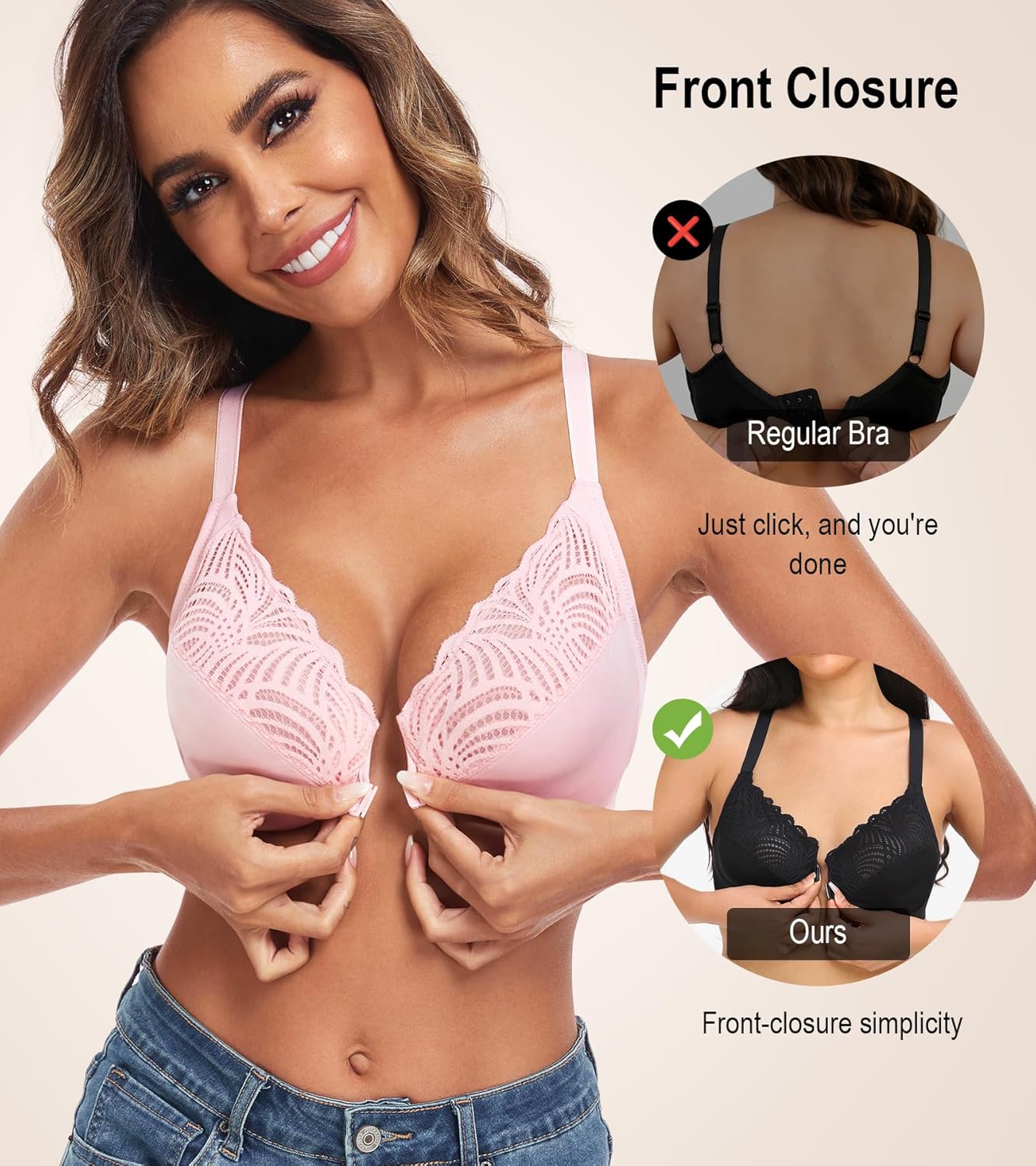 HACI Women's Front Closure Bra Underwire Unpadded T-Back Plus Size Lacy Full Coverage Racerback T-Shirt Unlined - Image 2