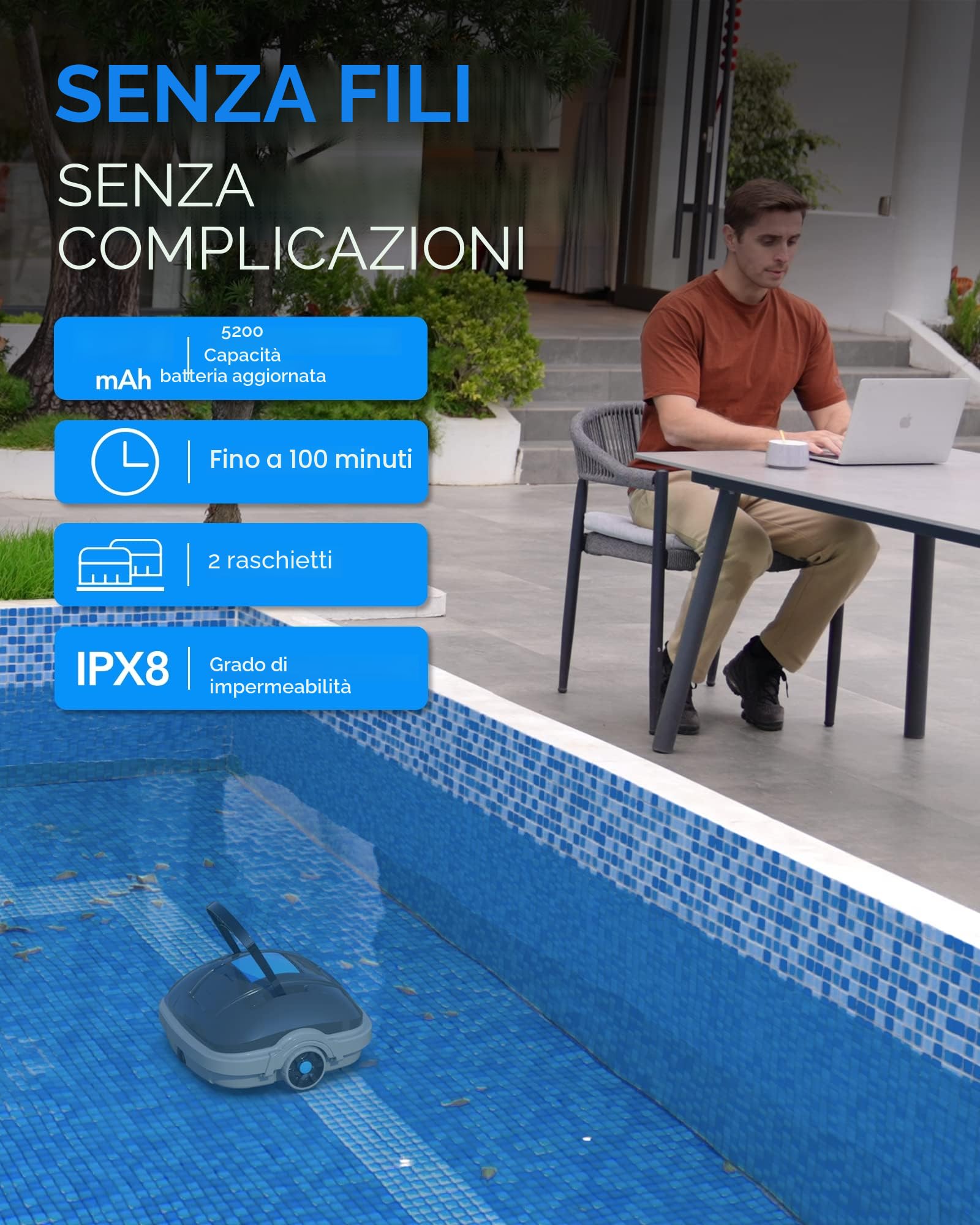 Robot Piscina Fuori Terra per Piscina da 80m², Robottino Pulitore con Doppia Motricità, Robot Piscina Pulitore Senza Fili con Batteria Autonomia 100 Min | Doppia Filtrazione e Parcheggio Autonomo