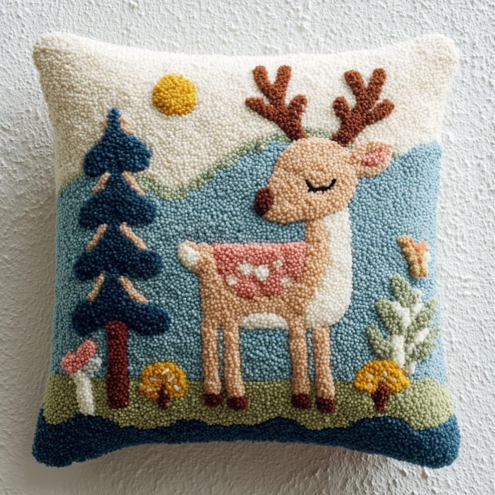 WallustrioaW 43x43cm DIY Latch Hook Cushion Kit,Cartoon Deer Flowers