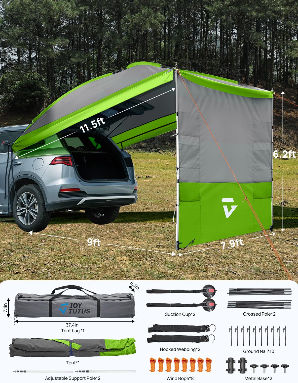 JOYTUTUS Auvent de Voiture SUV Universelle avec 3 Côtés Amovibles Vert | Tente Arriere Imperméable PU2000mm, Auvent Fourgon UV50+ Pare-Soleil avec 8 Poches de Rangement pour Camping, Randonnée