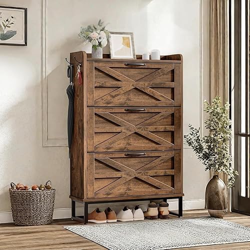 DWVO Zapatero con 3 cajones abatibles para 24 pares, organizador de zapatos de granja para entrada, armario estrecho y delgado para sala de estar,