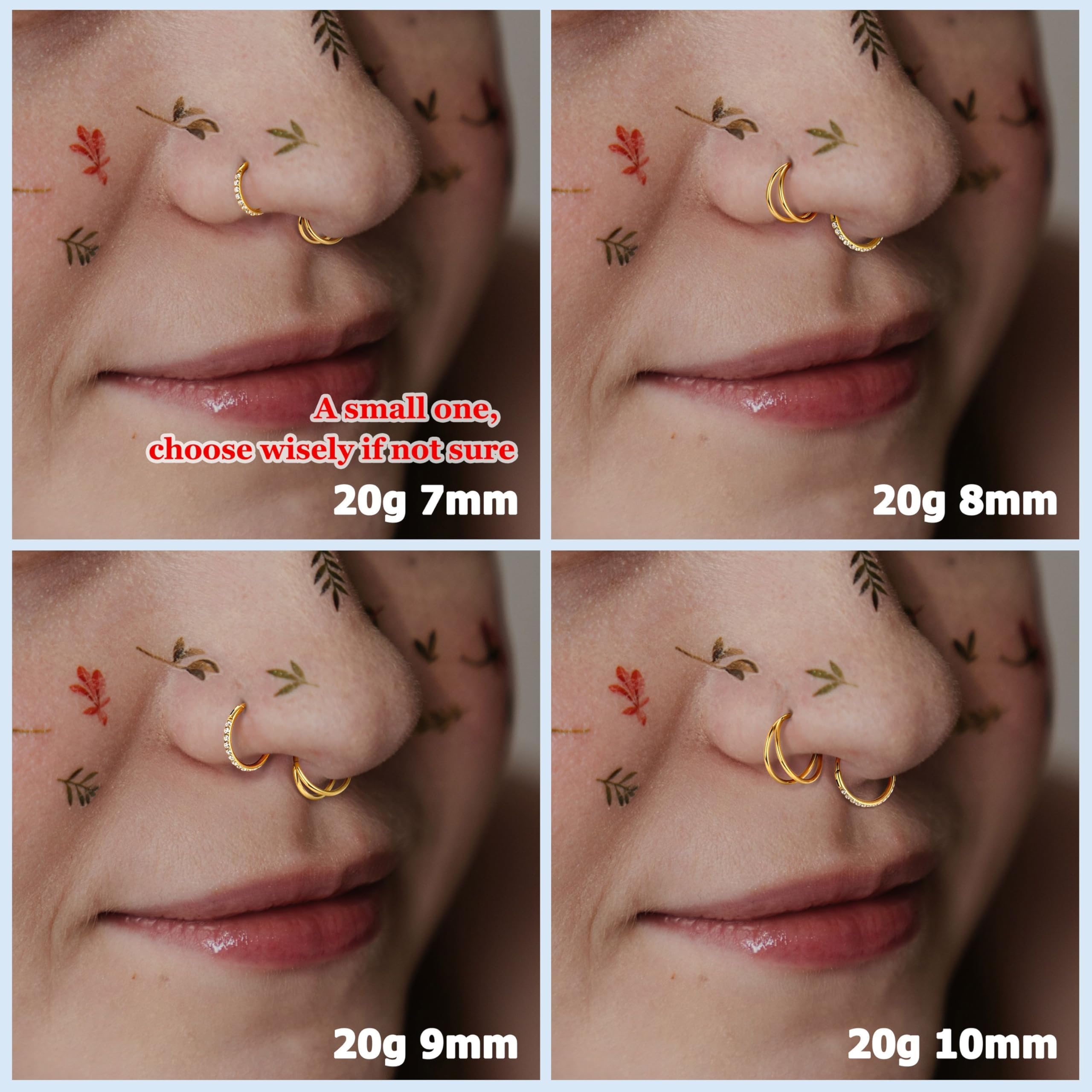 BodyBonita 3 Pezzi Piercing Naso Cerchio - Acciaio Chirurgico 316L 16G/18G/20G CZ Nostril Piercing Septum Daith Trago Helix Orecchino Cartilagine Elice Setto Rook Conch Piercing Naso Anello 7/8/9/10mm