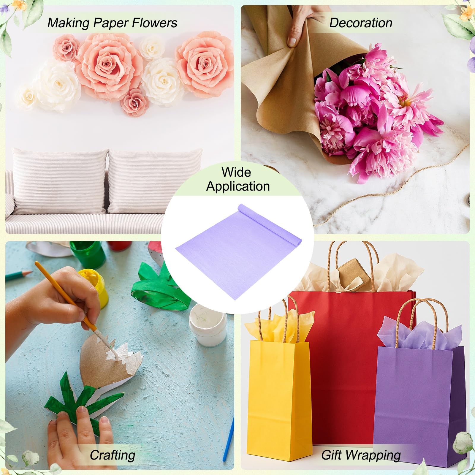 QUARKZMAN 3 Rouleaux De Papier Crêpe, 19 x 98 Pouces Large Feuilles Épaisses De Crêpe Guirlande Fleur Pour DIY Cadeau Emballage Fleur Artisanat Anniversaire Mariage, Violet Clair