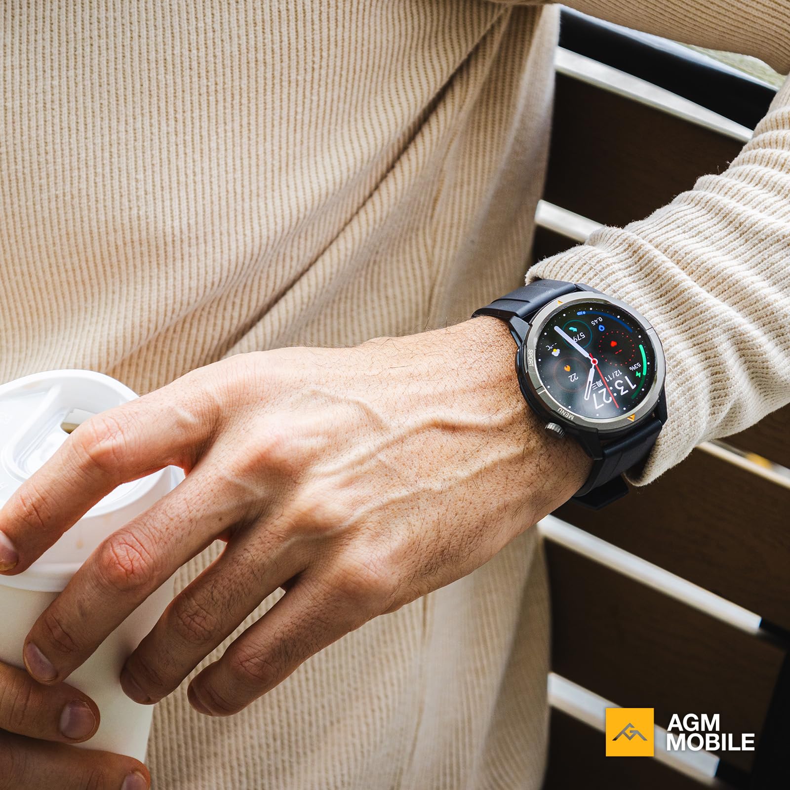 AGM Legion - Orologio intelligente da uomo, impermeabile fino a 5 ATM, antiurto e a prova di caduta, oltre 100 modalità sportive, chiamate Bluetooth, bussola, barometro e altimetro, display AMOLED da