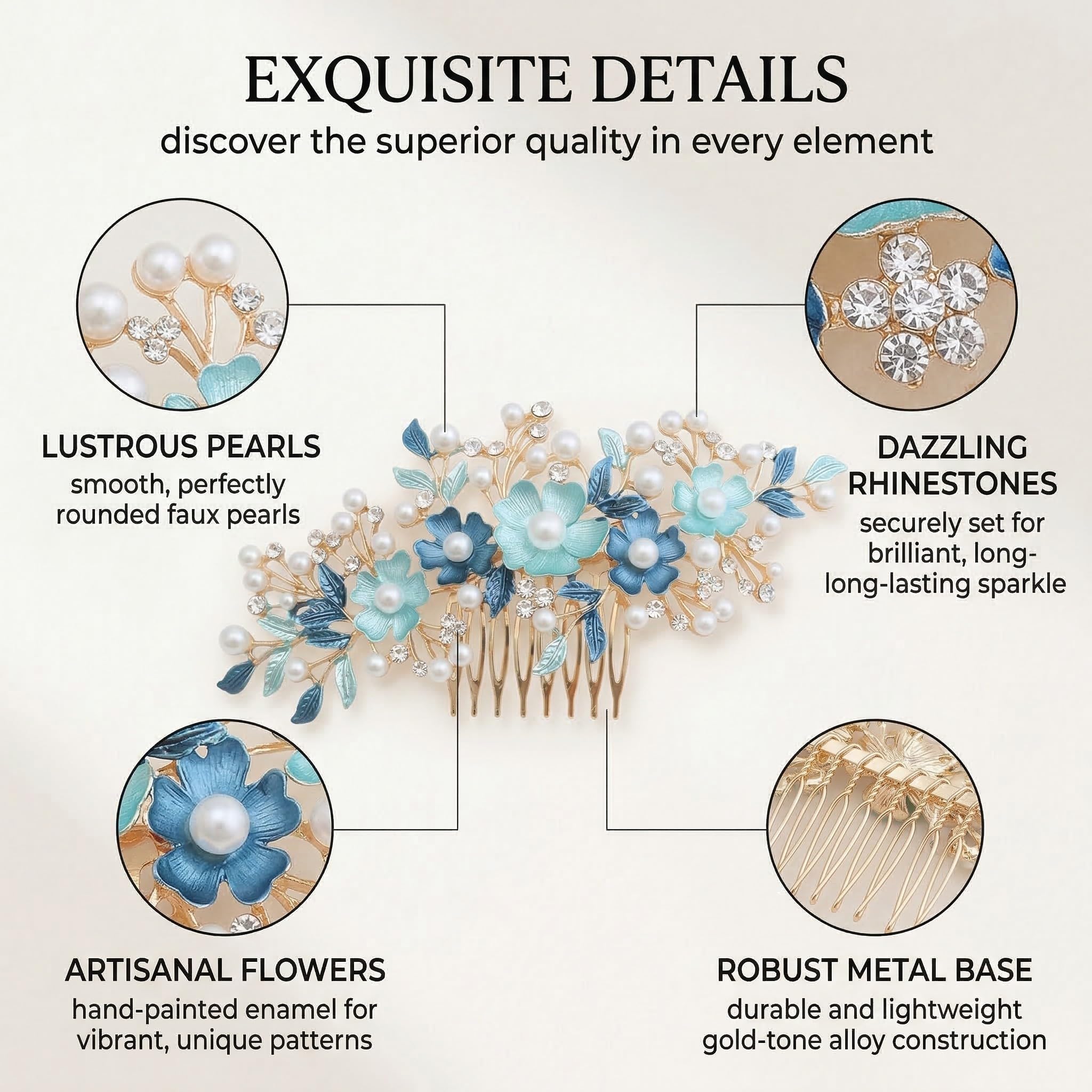 Peineta de Flores para Boda con Perlas, Tocado de Diamantes de Imitación de Flores, Nupcial Decorativo Diadema Fiesta de Bodas Pelo de Noche, Simple y Generoso, Azul