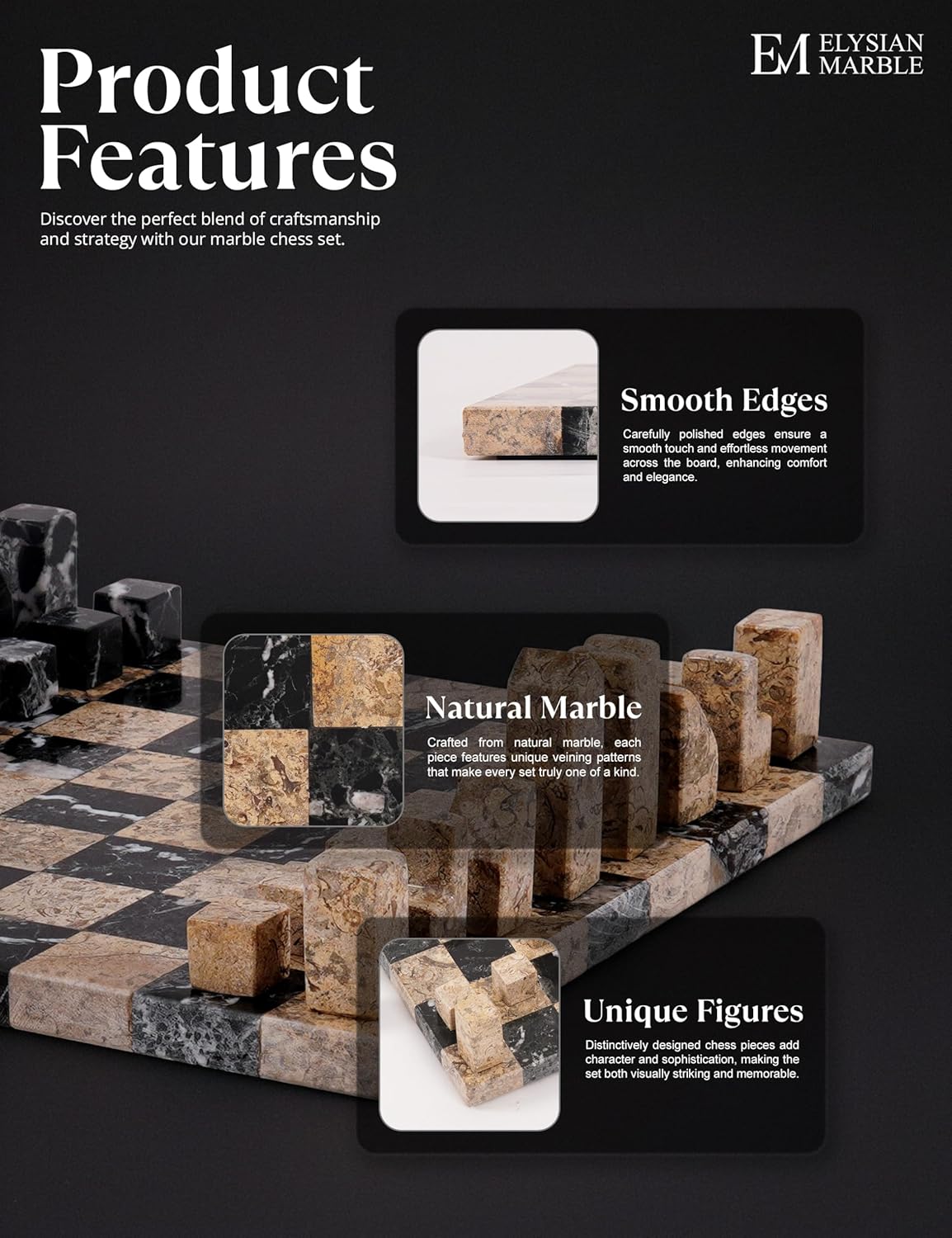 Modern Chess Set – Handcrafted Borderless Marble Chess Board with Minimalist Geometric Pieces, Luxury Decorative Chess Game for Coffee Table, Home Décor & Gifts