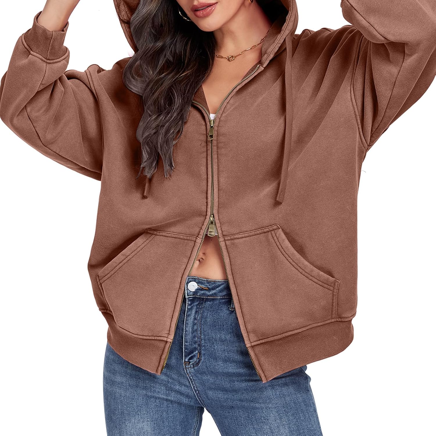 WOWULOVELY Womens and Mens Zip Up Hoodies Acid Wash Long Sleeve Oversized Sweatshirts Distressed Fleece Jacket with Pockets - Image 4