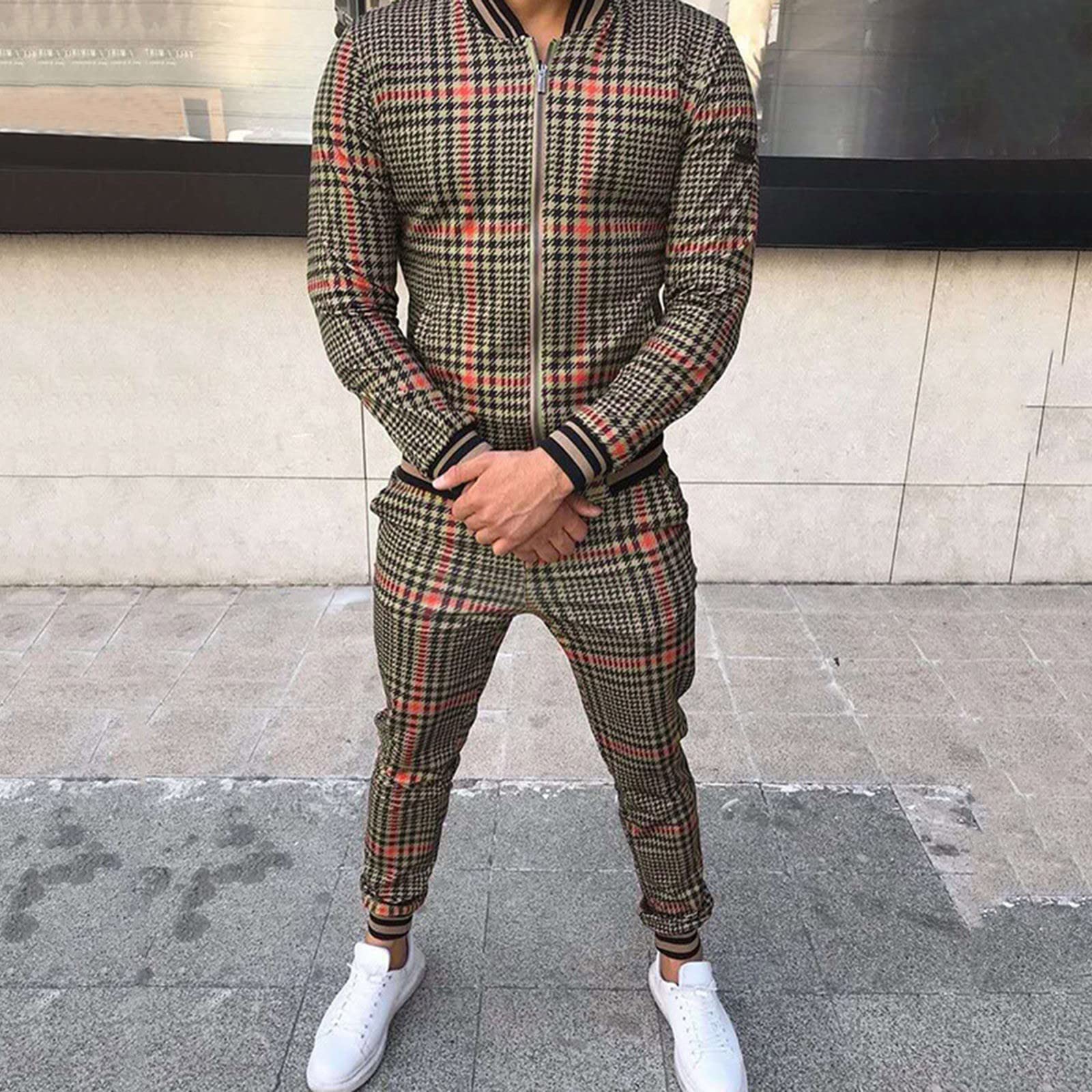 Conjunto de Pantalones con Bolsillo con cordón y Bolsillo con Cremallera de Dos Piezas a Cuadros Informales para Hombre Trajes De Hombre 1