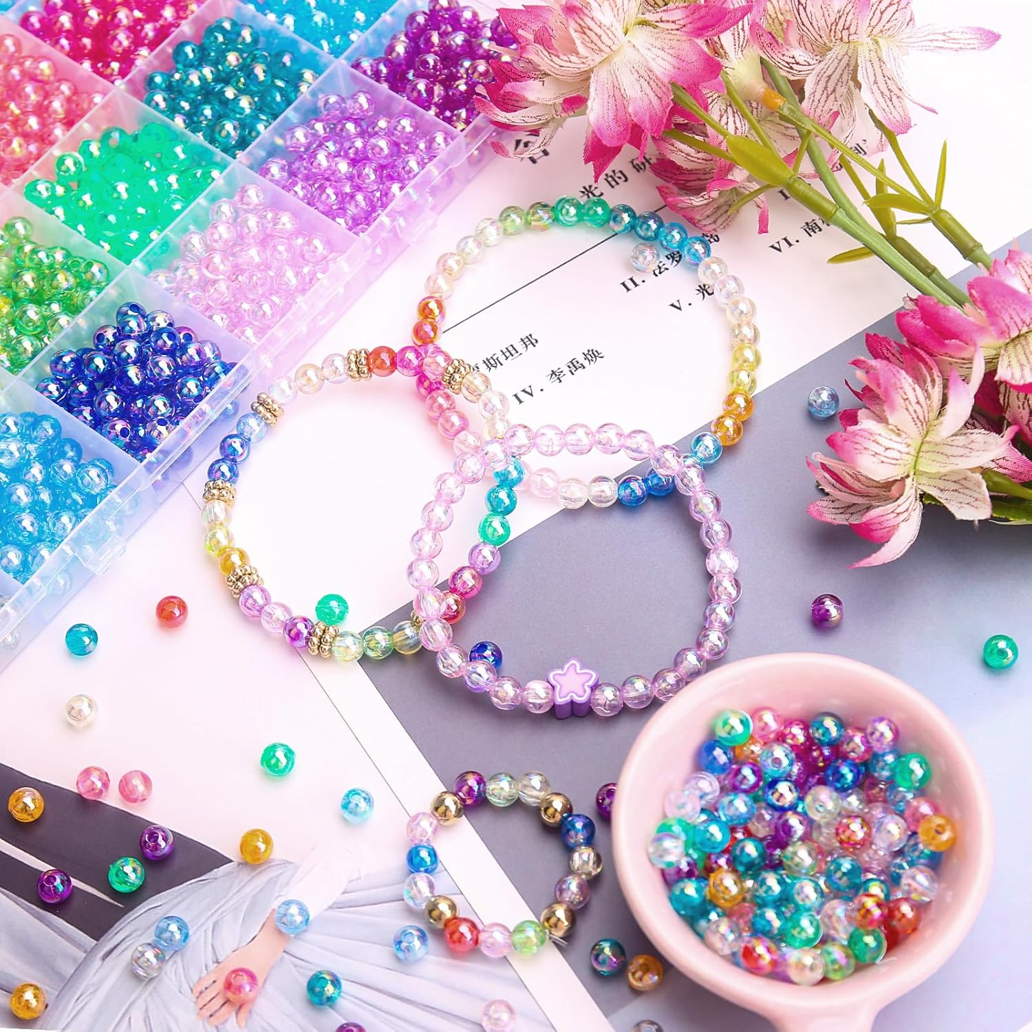 BONNY BOXX 1440Pcs 6mm Transparent AB Acrylic Round Beads, 24 Colors Assorted Plastic Bubble Gum Beads with Hole Loose Spacer Beads Bulk for Bracelets Necklace Jewelry Making DIY Crafts - Image 5