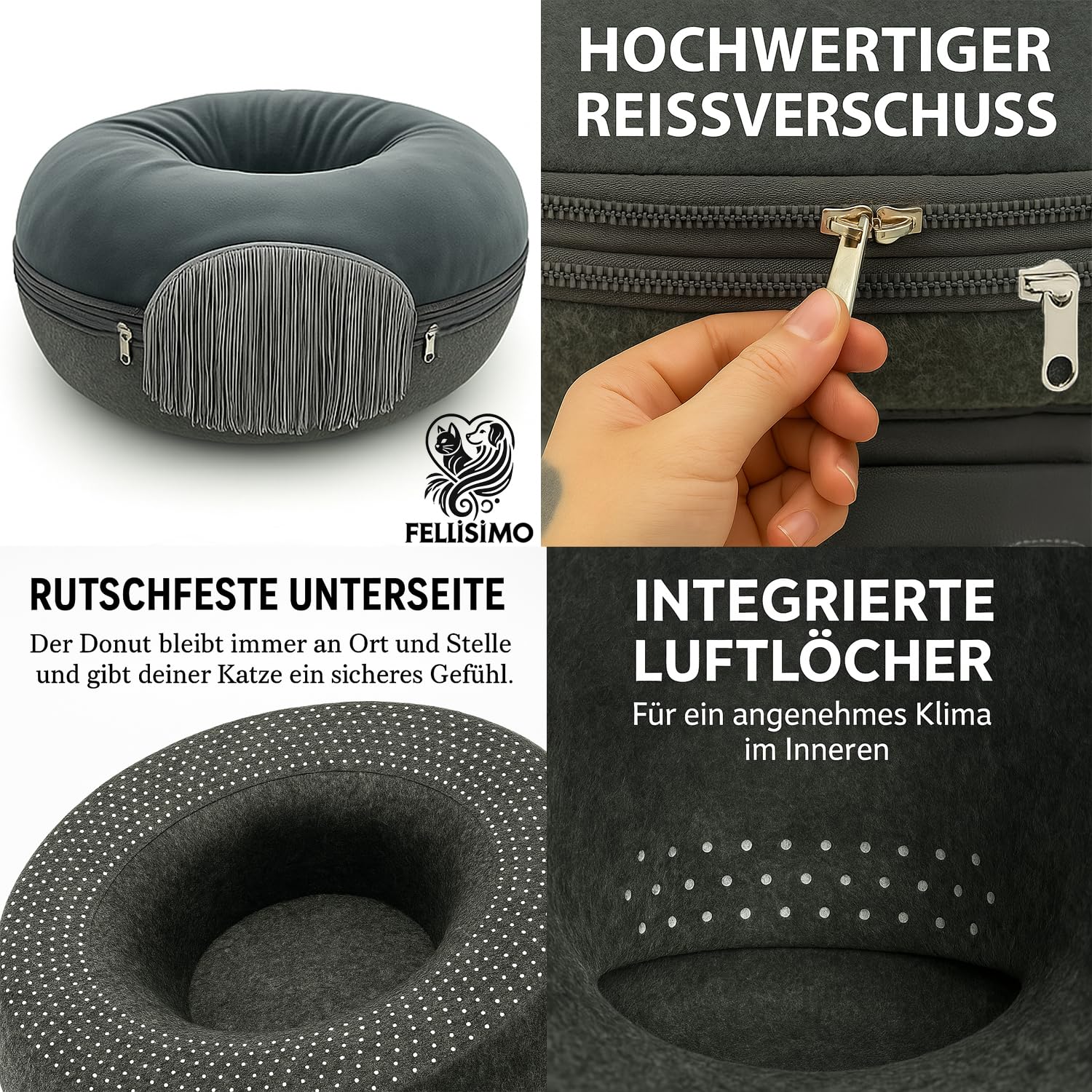 Katzen Donut mit Flauschigen Kuschelbett | Anti-Slip Unterfläche | Atmungsaktiv | Katzentunnel aus Filz mit waschbaren Kissen Bezug | Katzenhöhle