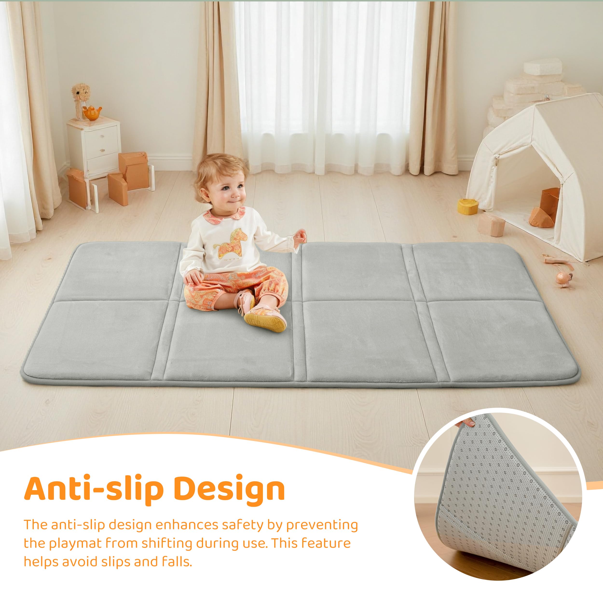BYBYME 3cm Thick Baby Play Mat for Floor, 80 * 150cm Foldable Playpen Mat with Non-Slip Backing for Infant, Kids and Toddler Crawling, and Perfect Carpets for Yoga, Exercise, Grey - 4