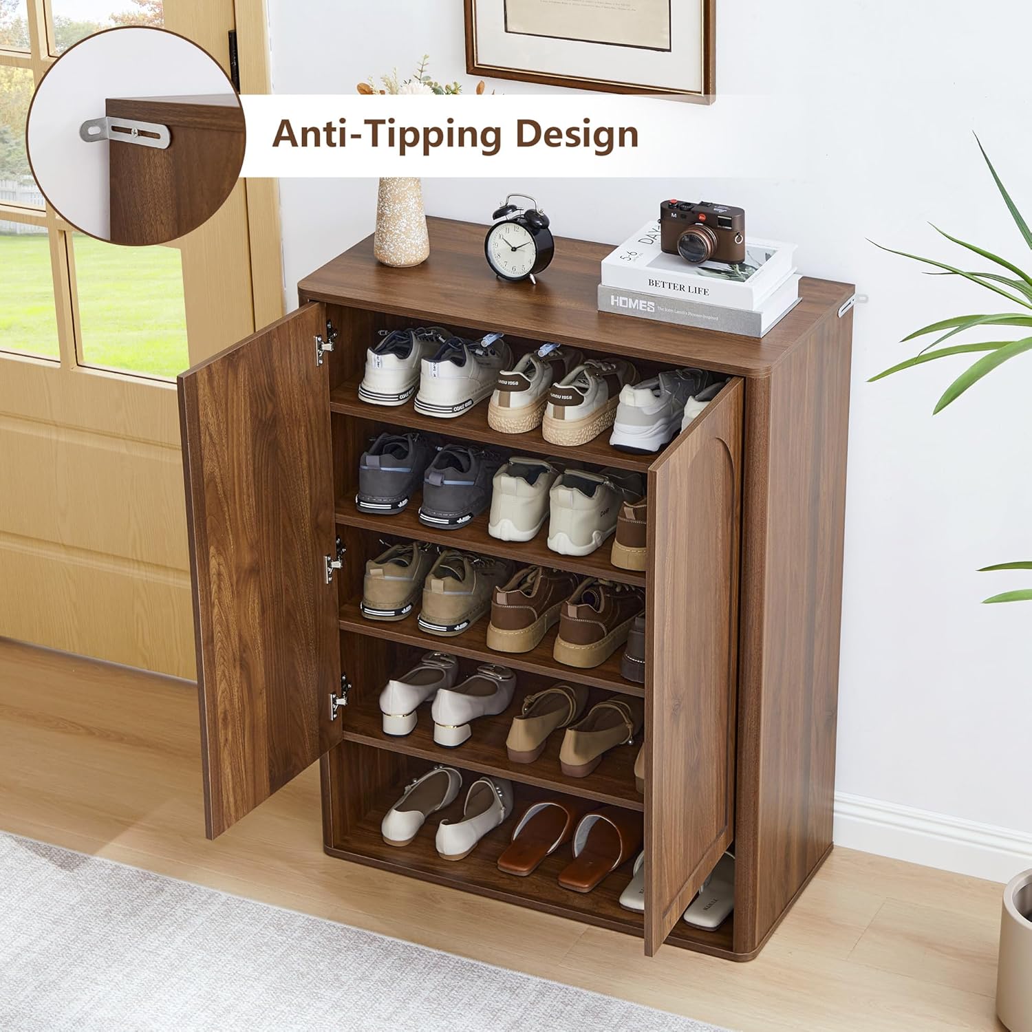 Shoe Cabinet, 5 Tier Wooden Shoe Storage Organizer Cabinet with Adjustable Shelves, Shoes Rack Accent Cabinet for Entryway Hallway Living Room, Walnut