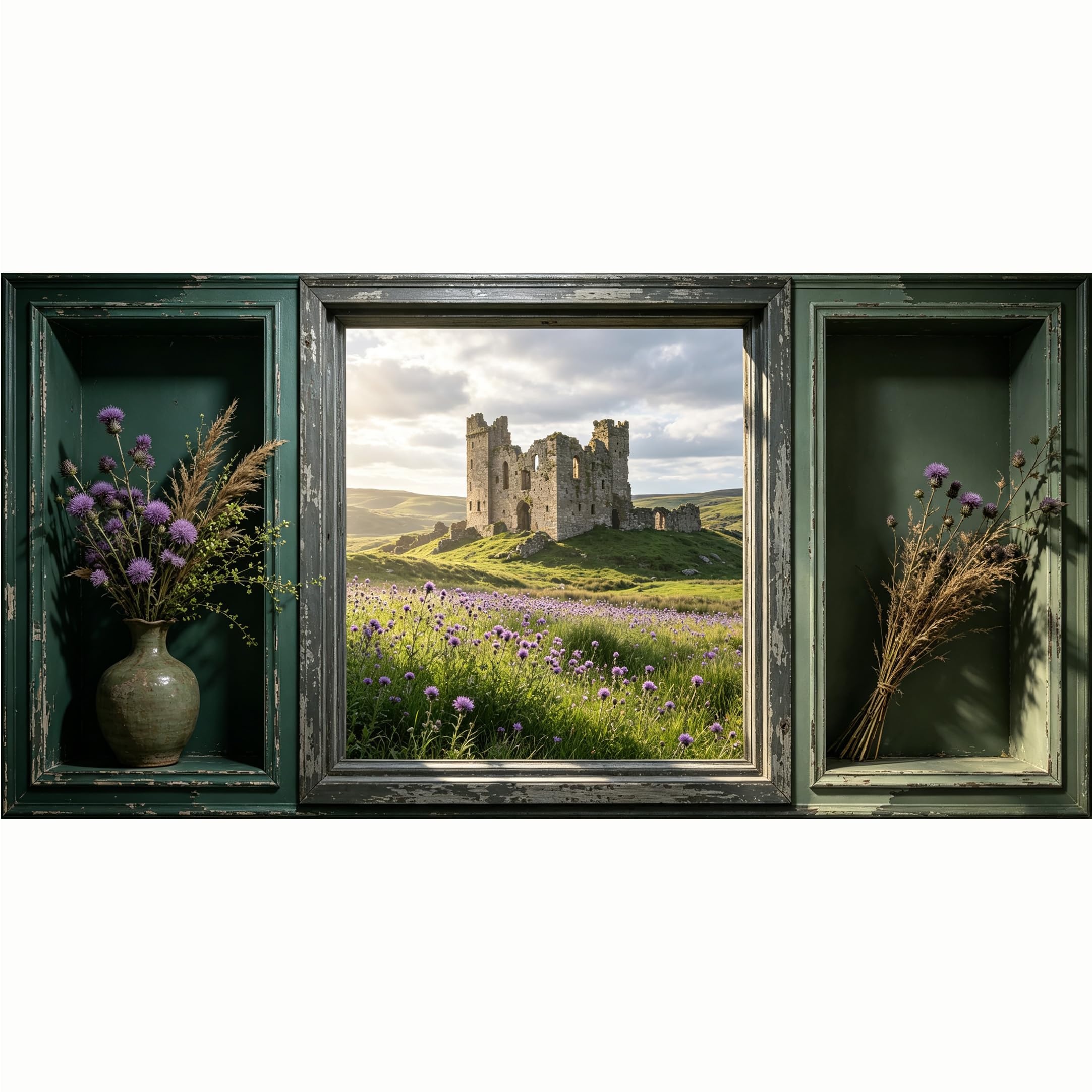 QZLITHOTIC 50x100cm 3D Framed Wall Art， Medieval Castle Landscape Wildflower Meadow Self‑Adhesive Mural， Water‑Activated Peel & Stick Fabric Decor Wall Decal for Bedroom Living Room