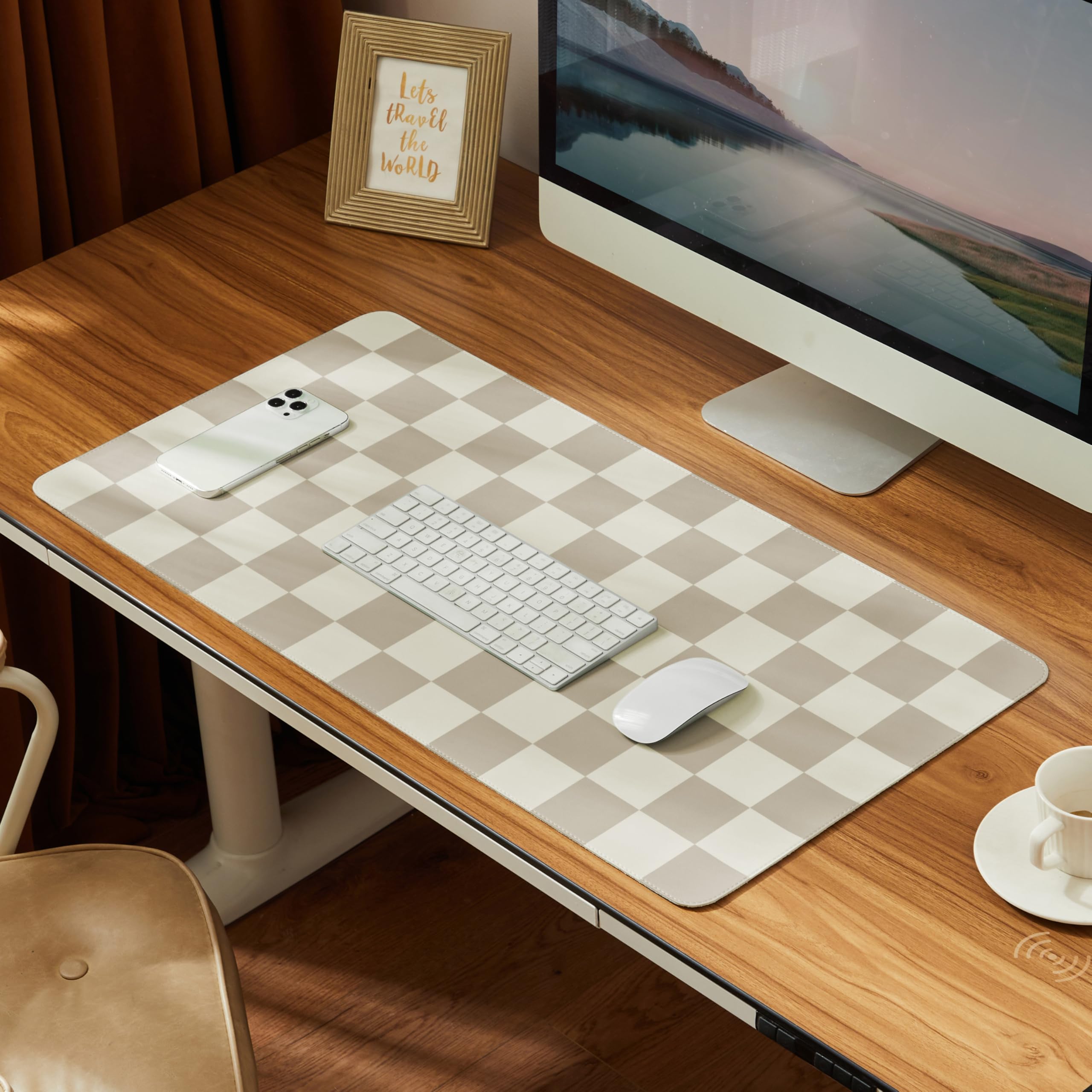 Ohocut Checkered Desk Mat 31 5 x 15 7 Large Cute Beige Khaki Aesthetic Retro Accessories PU Leather
