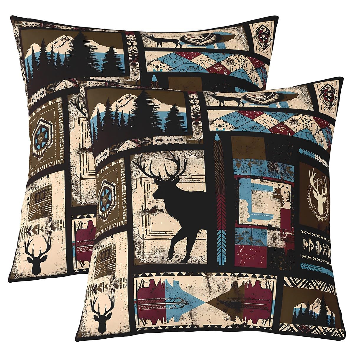 Homemissing Deer Throw Pillow Covers Aztec Square Cushion Covers Set of 2 Deer Hunting Pillow Covers for Kids Toddler Western Cushion Covers for for Couch Sofa 45x45cm