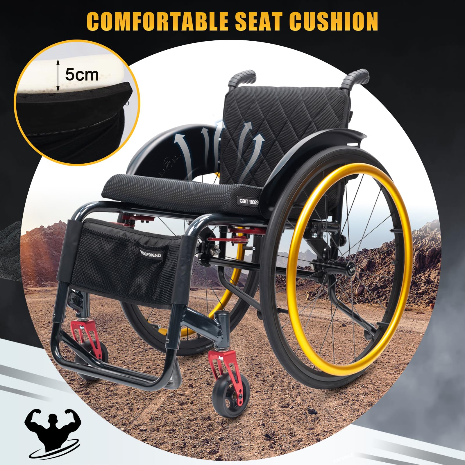 Sedia a rotelle sportiva leggera per tutti i terreni, sedia a rotelle in lega di alluminio, sedia a rotelle manuale semovente,Sedia a rotelle da transito,Freni a maniglia, Antiribaltamento(Seat width