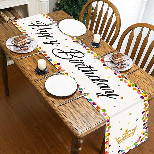 Miniatura 4 de Camino de mesa de feliz cumpleaños, blanco con coloridos lunares corona, camino de mesa para celebrar fiesta de cumpleaños, suministros de