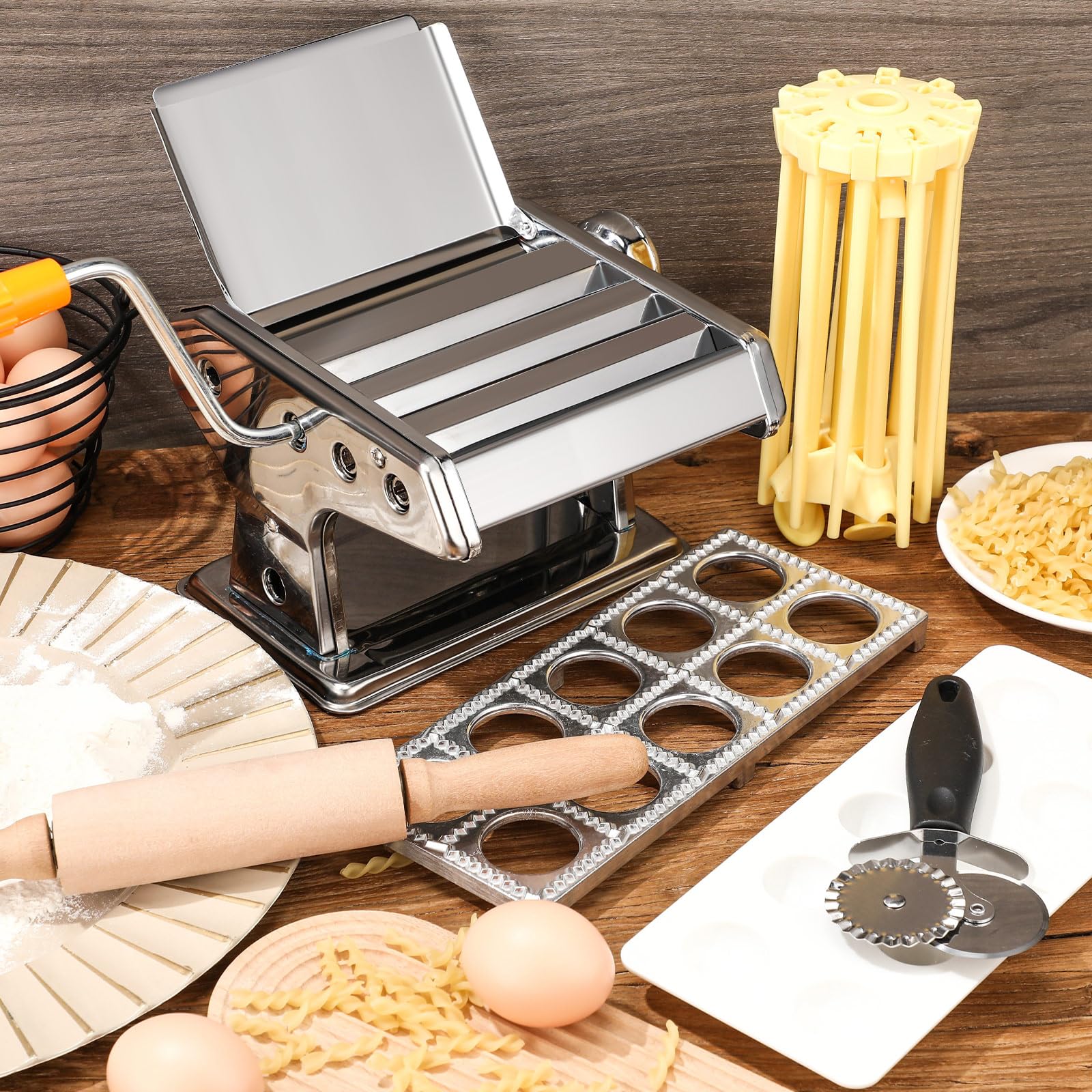 Juego de 5 herramientas para hacer pasta, máquina para hacer pasta, 12 agujeros, máquina para raviolis, secadora de fideos, estante colgante de acero inoxidable, cortador de pastelería,
