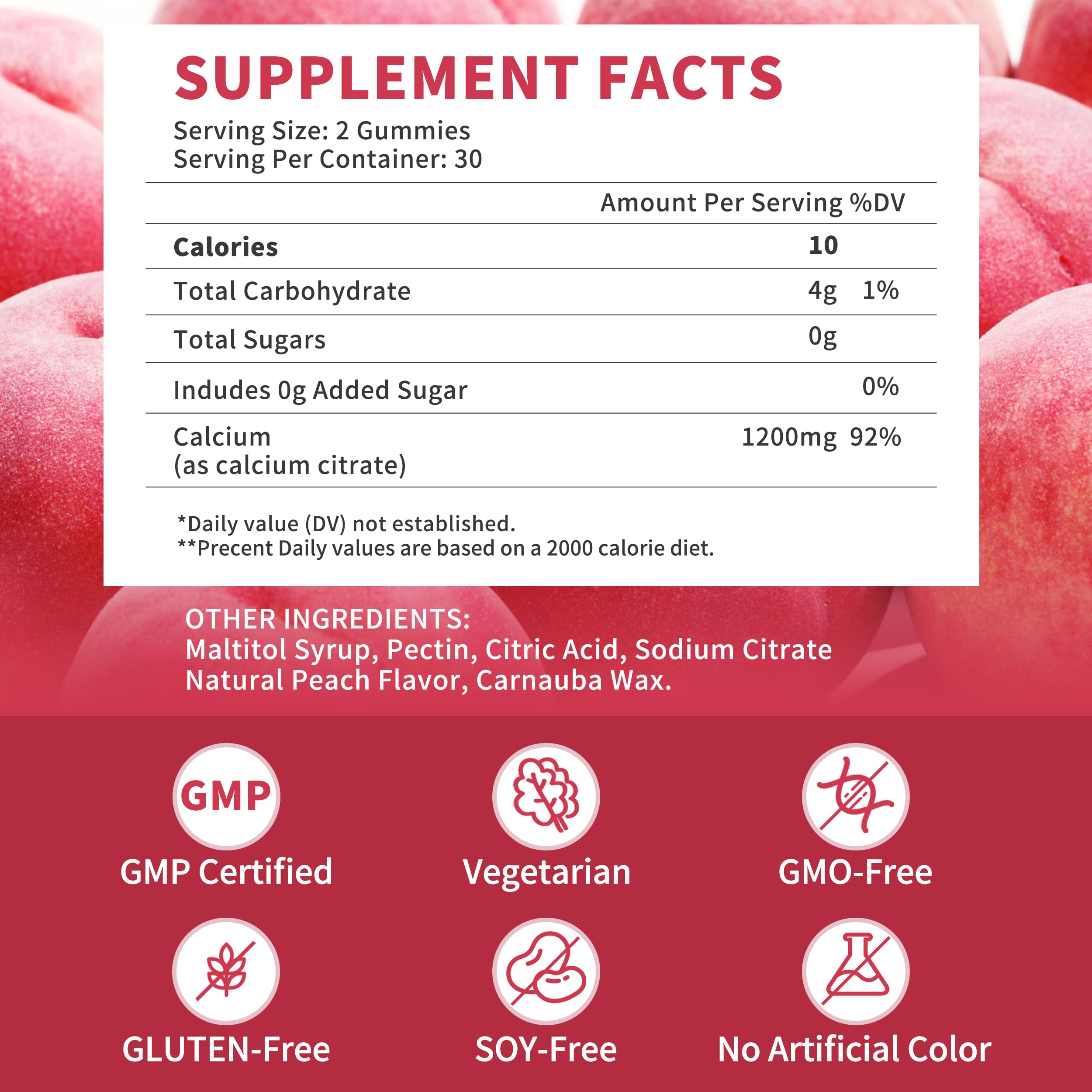 (2 Pack) Calcium Citrate 1200 mg Gummies Supplements for Women & Men,Pure Calcium Citrate Gummies for Bone, Muscle & Immune Support - Easy to Digest, Sugar Free,Vegan,Peach Flavor,60 Day Supply — Amazon image 5