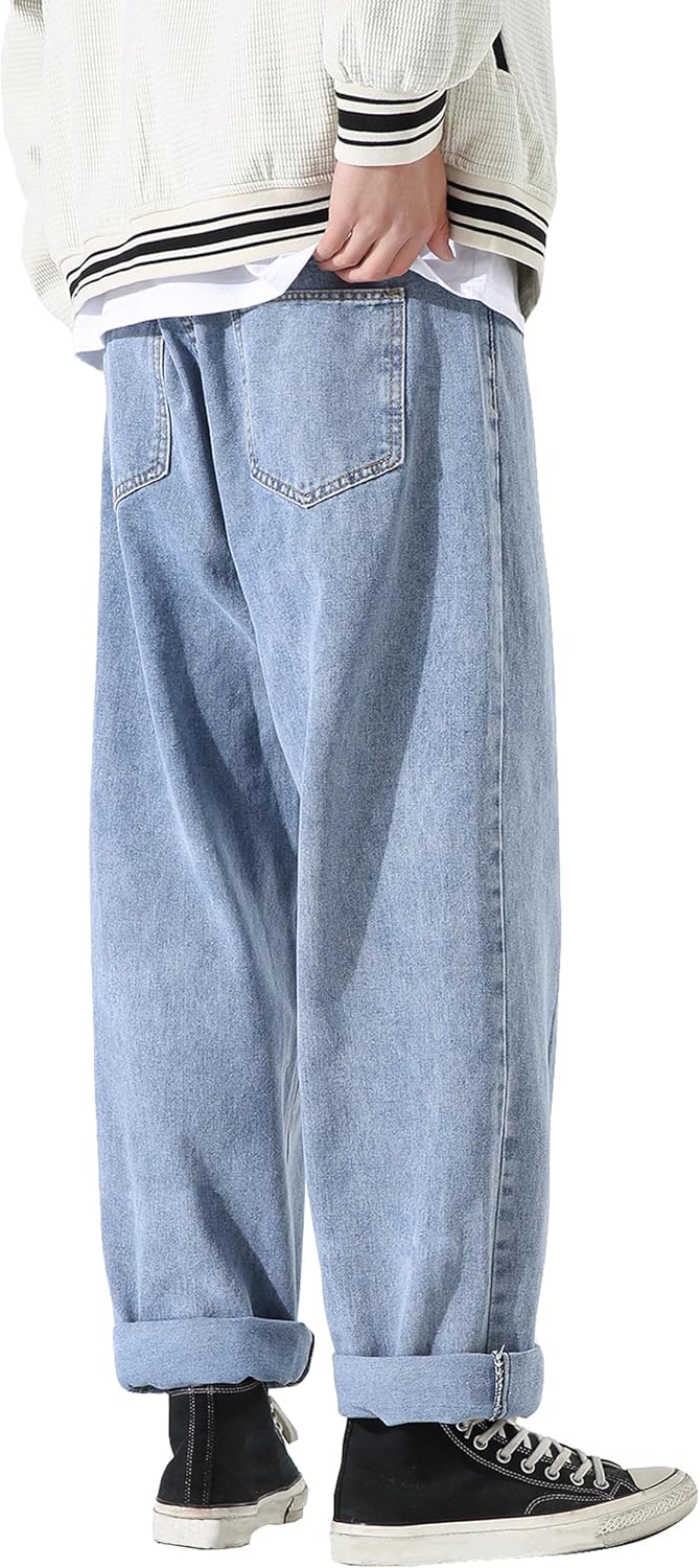 DOSLAVIDA Men's Work Jeans Casual Hip Hop Cargo Solid Color Loose Fit Straight Wide Leg Cotton Denim Pants with Zipper - Image 3