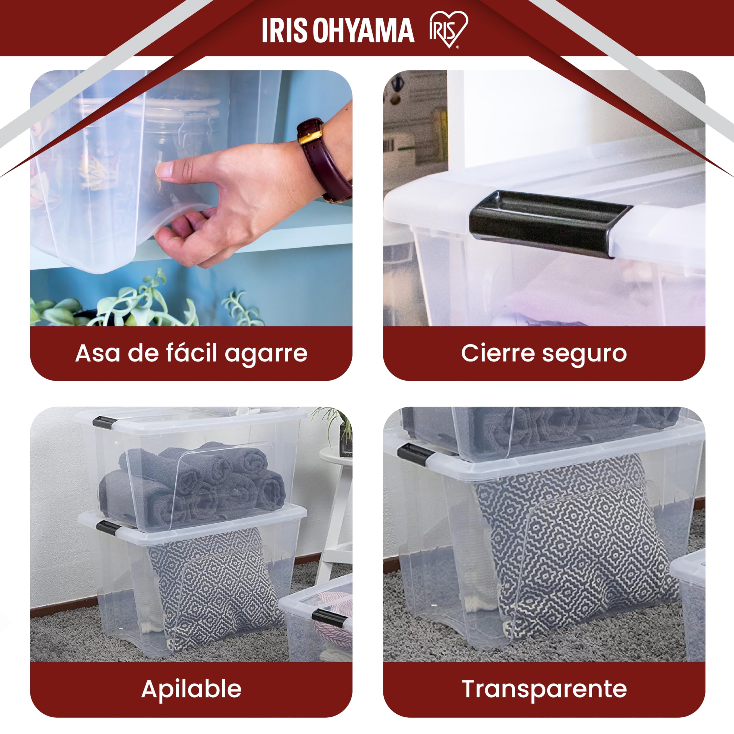 Iris Ohyama 4 Cajas de Almacenaje Plastico con Tapa, 60L, Transparente, Clips de Cierre, Duradero, Apilable, para Dormitorio, Armario, Oficina, Organizadora, Ropa, Libre de BPA, NTB-60