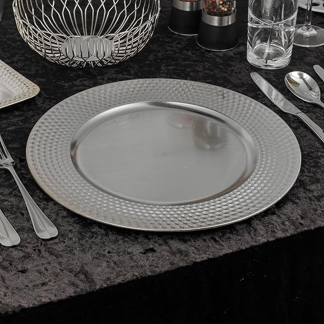 URBNLIVING 33cm Christmas Dinner Charger Plates Placemats Dining Table Setting Reusable Party Decor (Gloss Geo Silver, 6 Charger Plates)