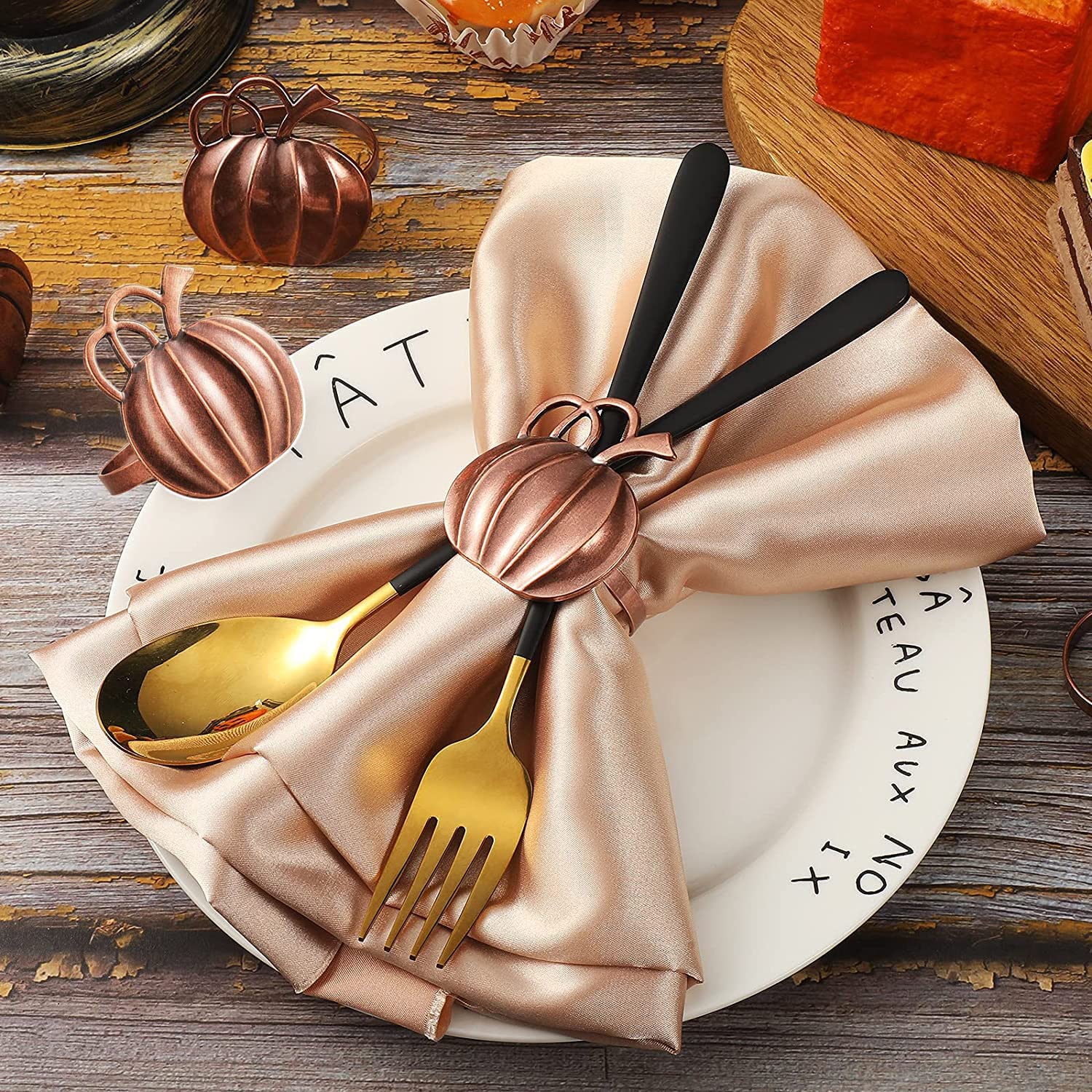 Halloween Pumpkin Napkin Rings Set of 12, Fall Napkin Holder for Holiday Party Daily Use Table Decorations