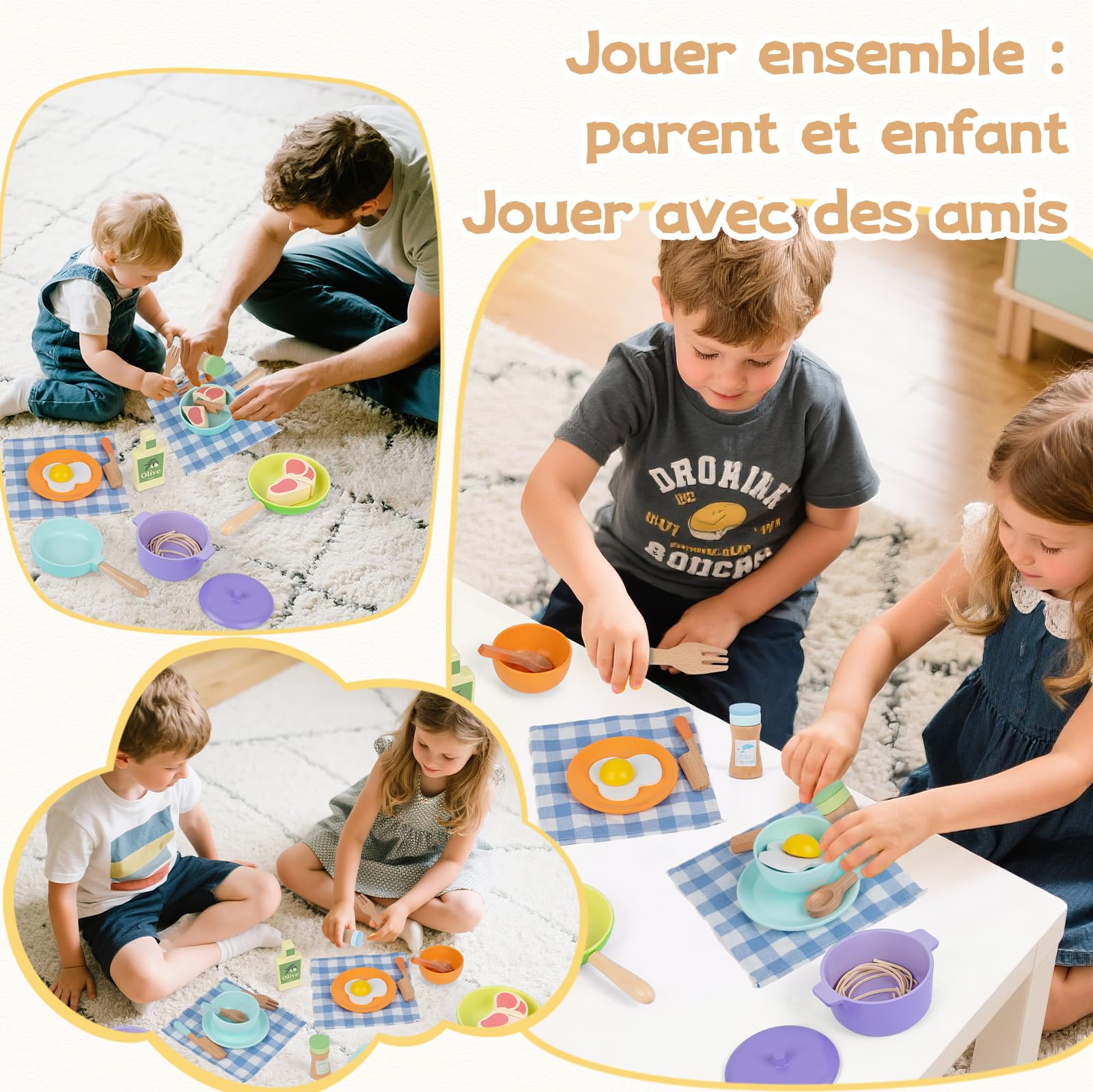 Jouet Dinette en Bois,Accessoire Cuisine Enfant,Kit de Cuisine Enfant Montessori,Bois Pots Casseroles Jouet ,Jeu de Rôle pour Filles Garçons 3 4 5 6 Ans Cadeau Anniversaire Noël