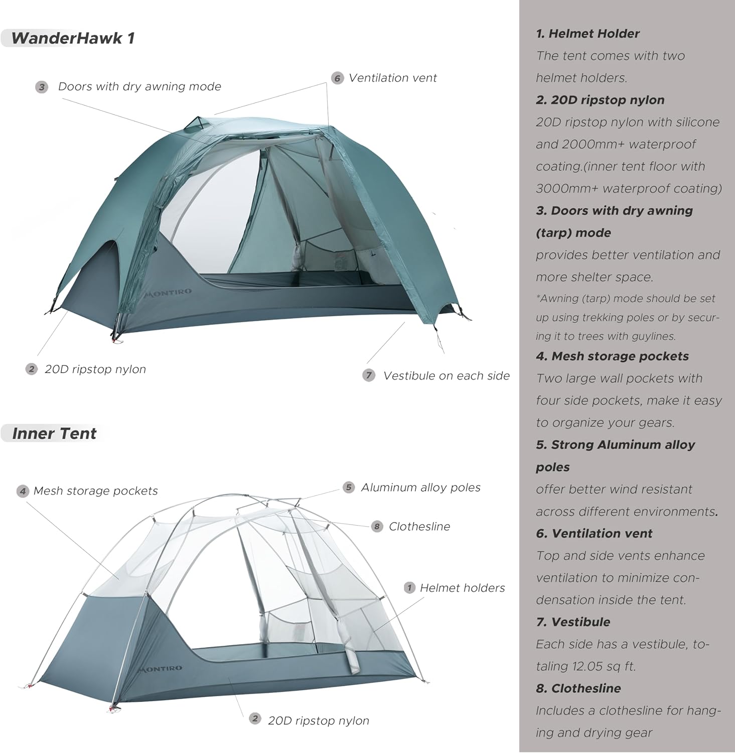 Wander Hawk 1-2 Person Backpacking Tent, Lightweight 1 Person / 2 Person Tent for Bikepacking Backpacking Camping & Hiking