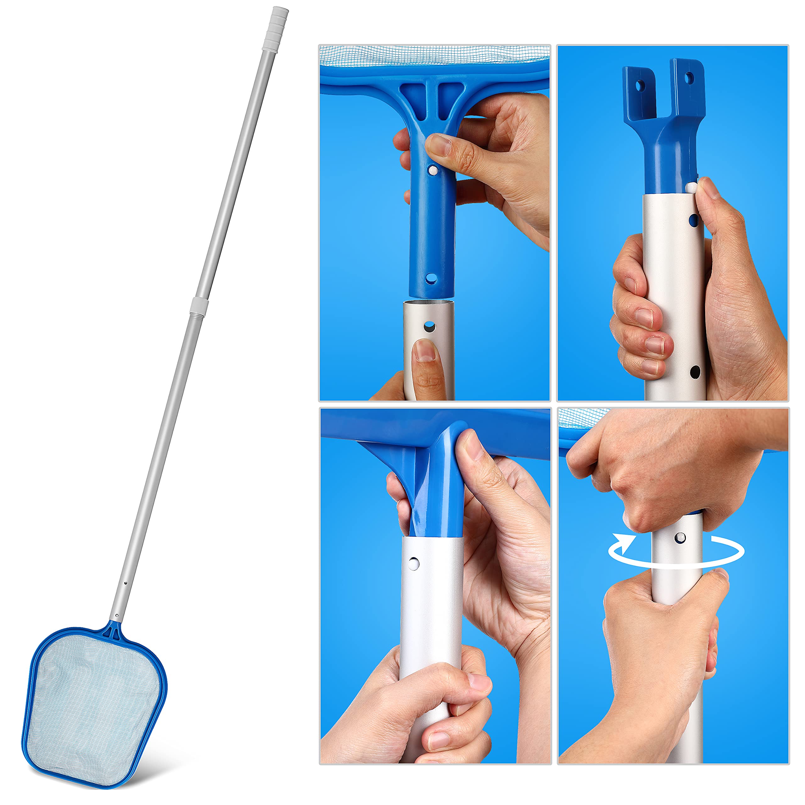 Reinigungsset Pool Wartungsset Zubehör Set Reinigungsbürste Oberflächenkescher Beckenbürste Handbürste Teleskopstange Schwimmschlauch Pooltester Tabletten Poolthermometer