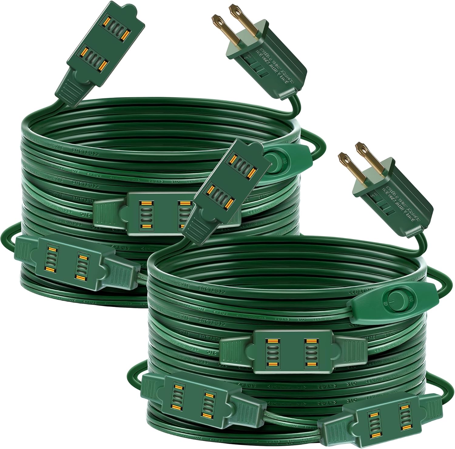 2 Pcs 26 Ft 18 Outlet Green Christmas Tree Extension Cord with Outlet and Switch, Xmas Tree Lights Extension Cord with Safety Fuse Male Plug for Home Office Christmas Holiday Lights