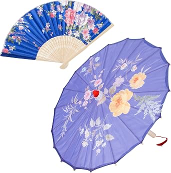 Elibelle Hand made Japanese oriental parasol dancing umbrella 22 inch with hand held silk folding fans for kids