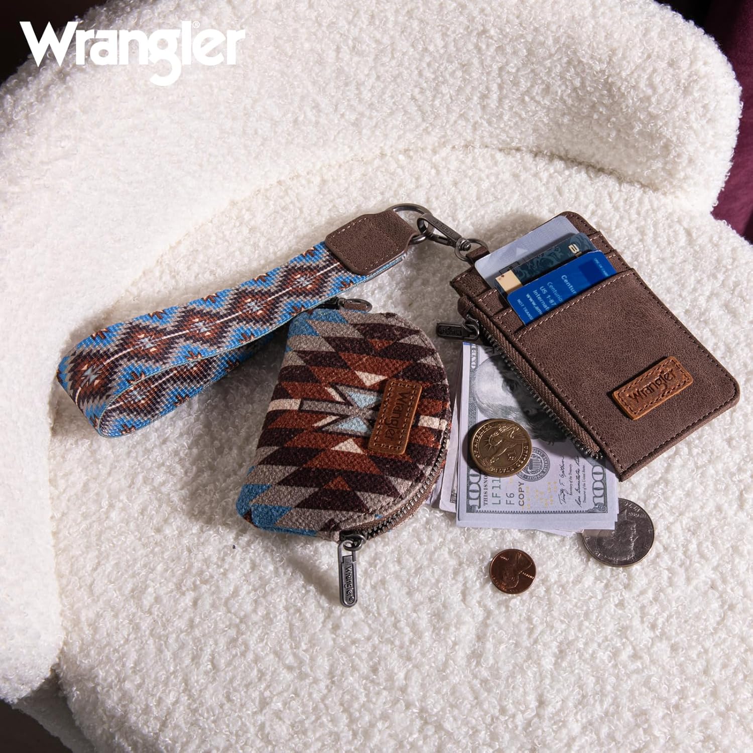 Wrangler Aztec Keychain Wristlet Wallets for Women Western Dual Pouch Wristlet Credit Card Holder Wallet with Zipper Pocket WG2213-W0051CF - Image 6