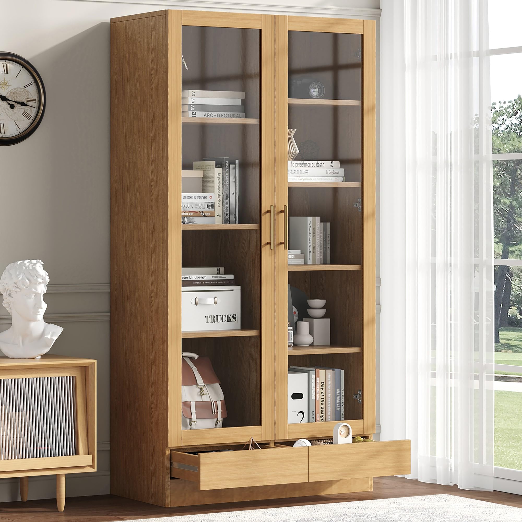 Vitrina de cristal (gabinete de oficina/estantería/archivador/estantería) – estantes escalonados, no ajustables, cajones push to abiertos sin asas, 80 x 40 x 160 cm, color madera