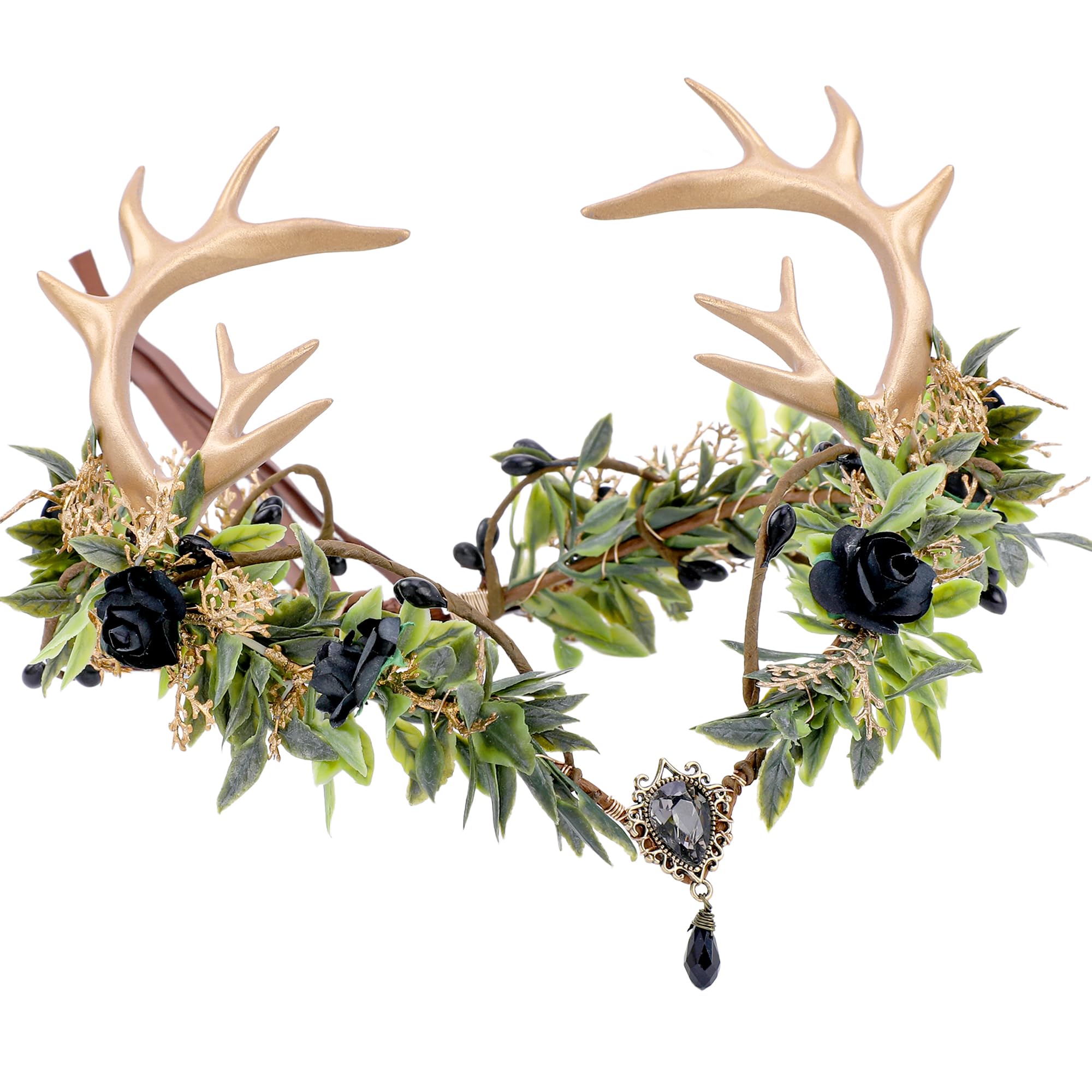 MOSTORY Deer Antlers Headpiece for Renaissance Costume Women, Black Green Elf Leaf Flower Crown for Cosplay Fancy Halloween Carnival Book Day Wedding Accessories