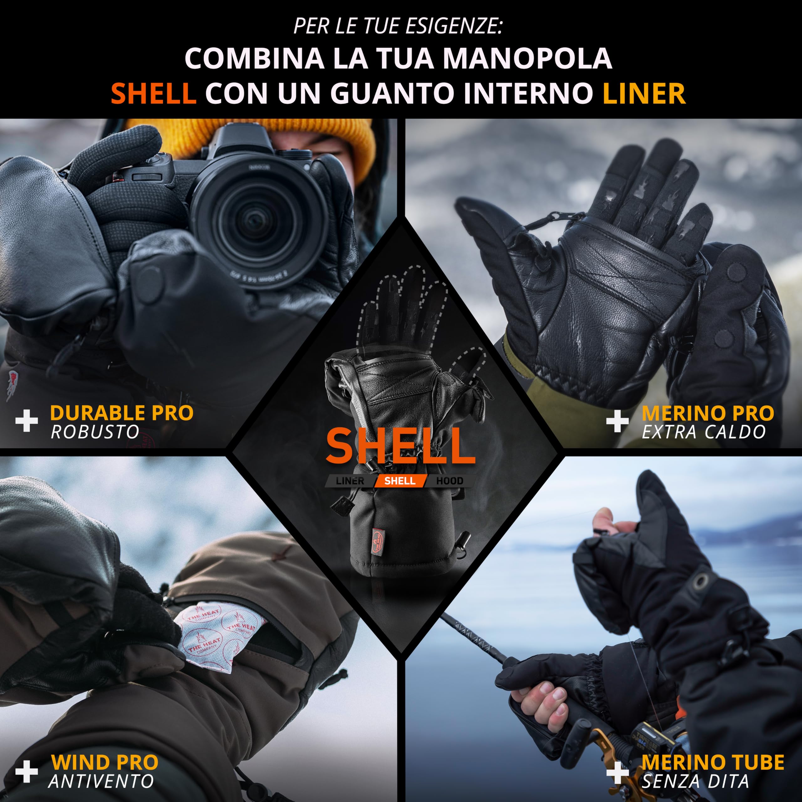 THE HEAT COMPANY Shell muffole - l'innovazione del guanto - guanti invernali da ripiegare - guanti termici extra caldi - altamente idrorepellenti - donna e uomo - nero, senza guanto interno