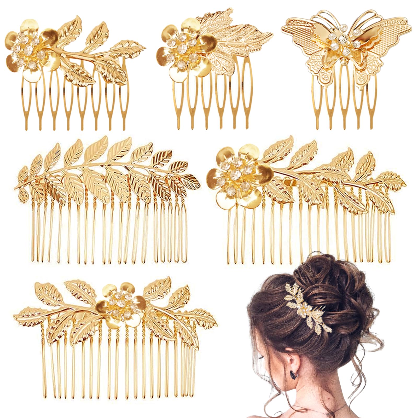 6PCS Gold Rhinestone Leaf and Butterfly Hair Combs Set with Teeth for Wedding, Bridal and Bridesmaid Hair Accessories for Women and Girls