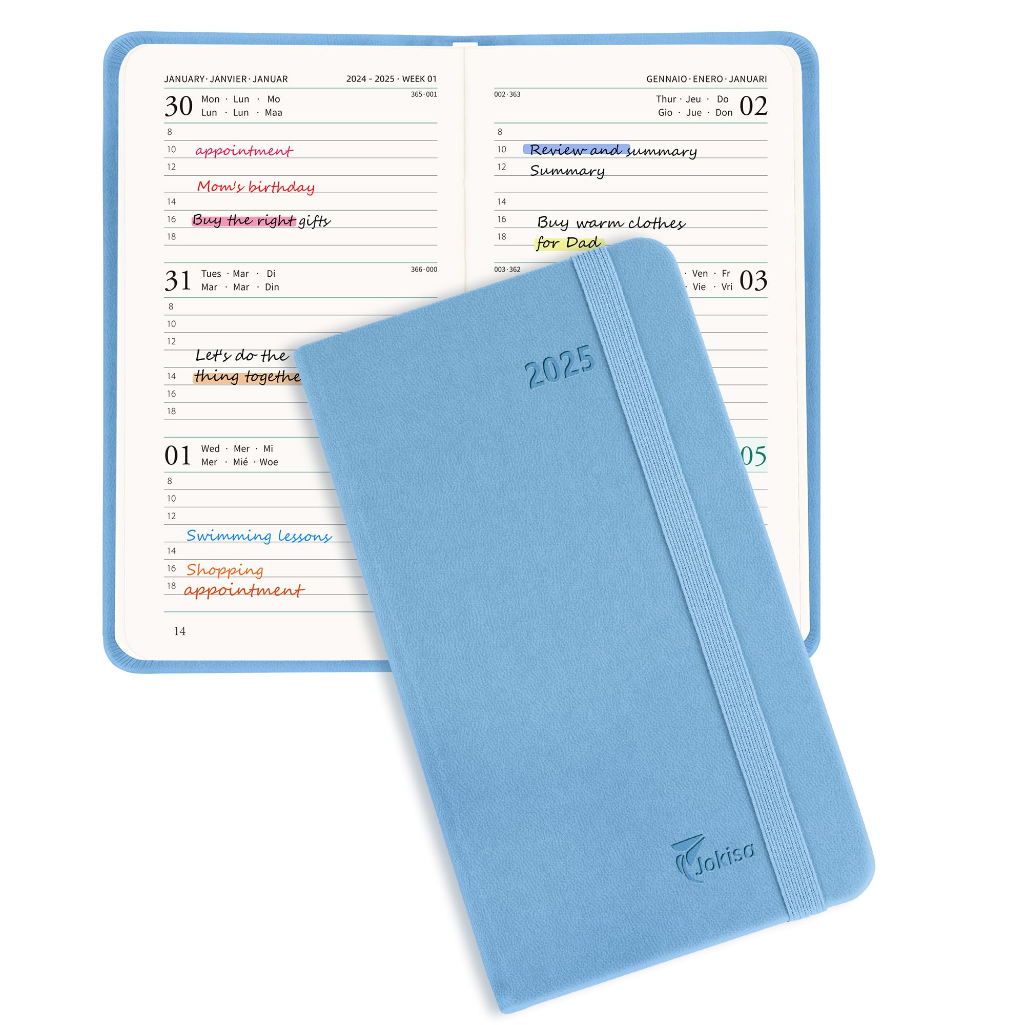 Jokisa Agenda Settimanale 2025 Tascabile, Agenda 2025 Piccola 1 Settimana 2 Pagine, Planner 2025 con Chiusura a Elastico e Segnalibro, circa A6 (16,5 x 9,5 cm), Gen.2025-Dic.2025