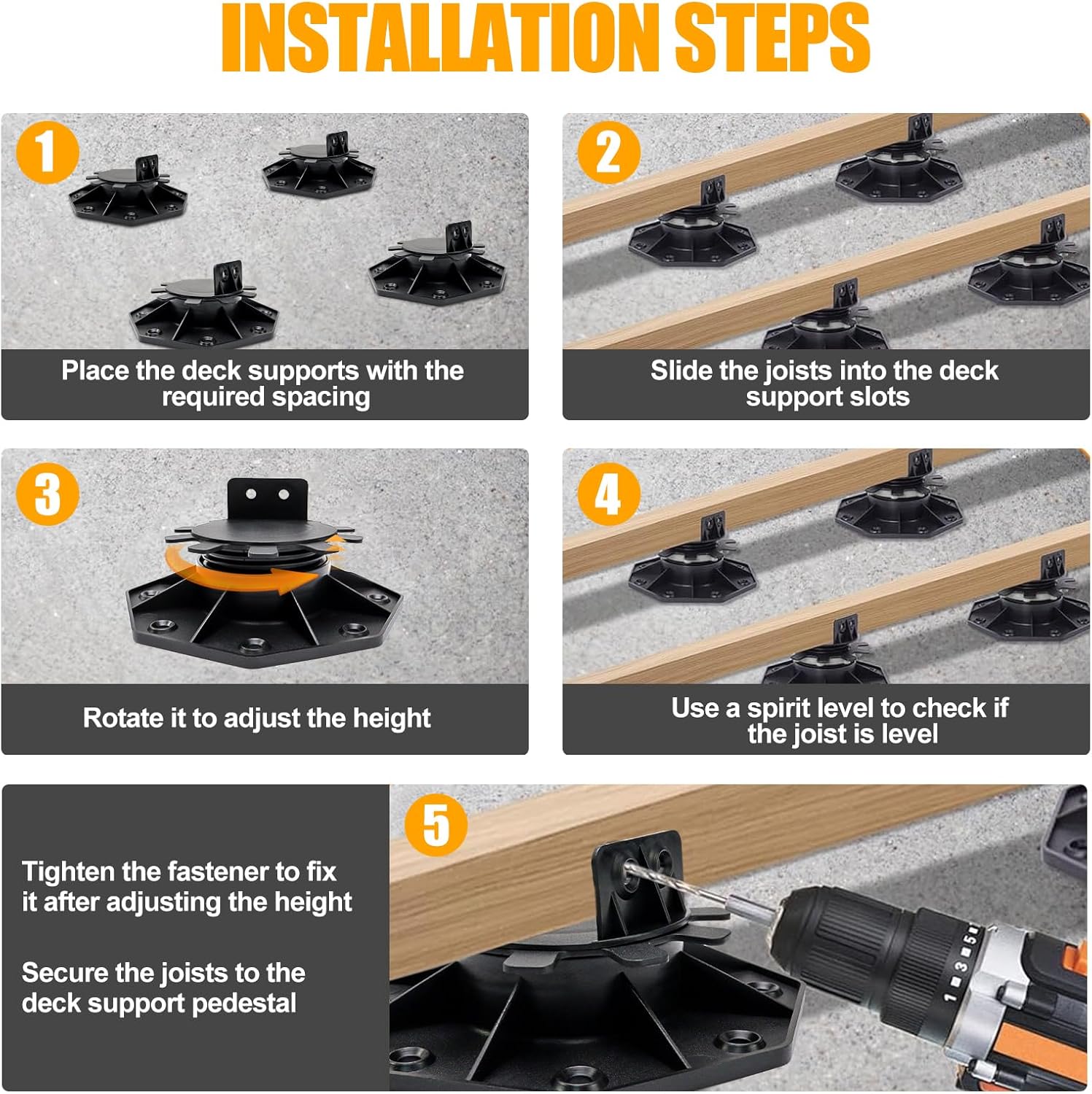 24Pack Adjustable Deck Support Pedestal, Deck Foundation Support Base, More Stable Floor Slate Support Flooring Joist Supports, Height Adjustment Raising from 1-3/16" to 2-3/8", Black
