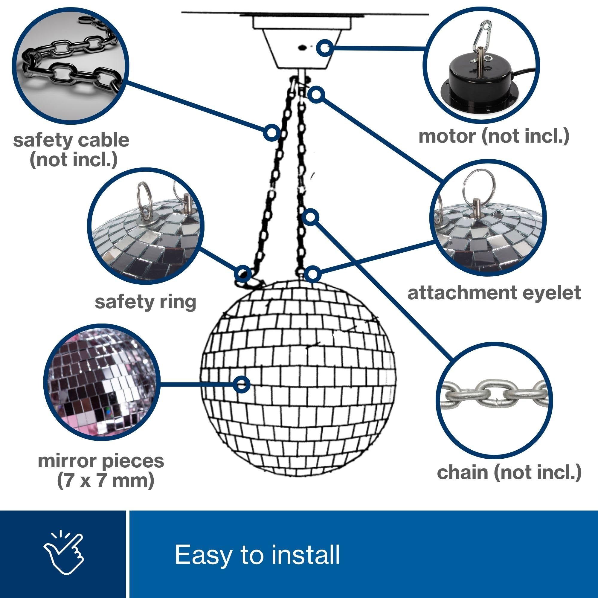 HQ-Power Bola de espejos 50 cm, mirror ball con espejos de vidrio, iluminacion para fiestas con potentes efectos de luz para pista de baile, club y decoracion